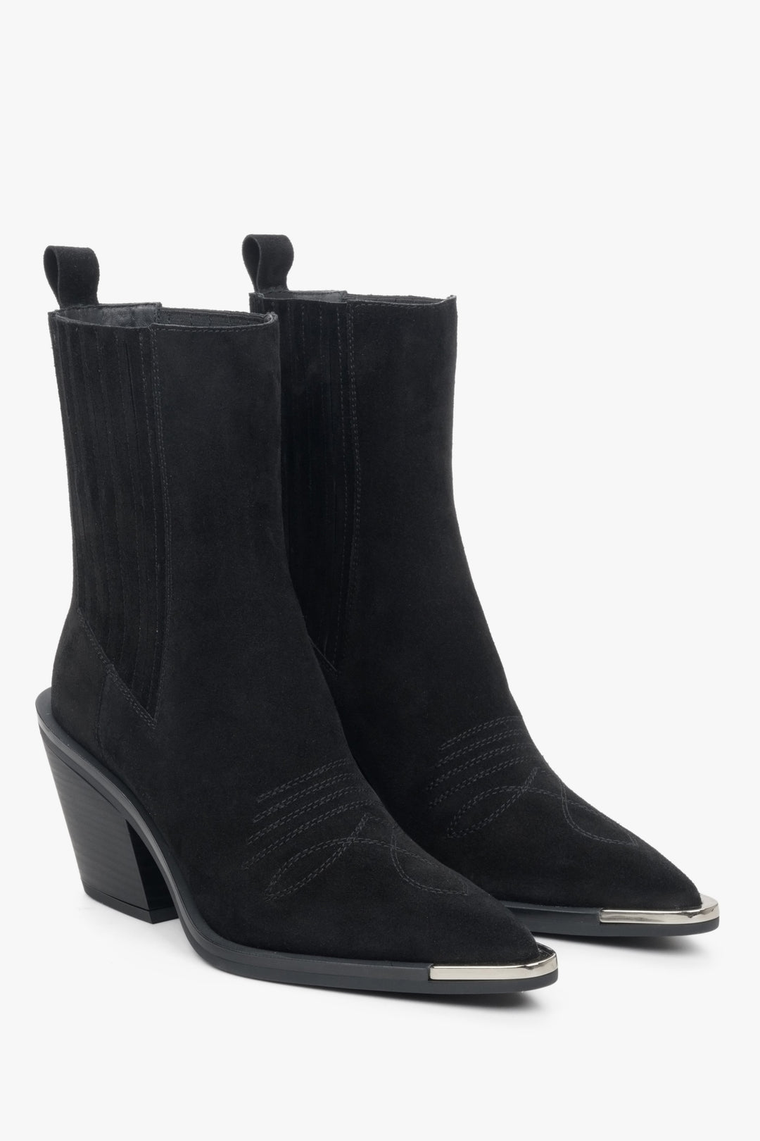 Elevated women's black cowboy boots made of Italian genuine velour.