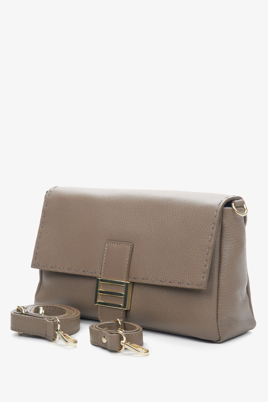 Women's grey and beige leather handbag by Estro with golden hardware.