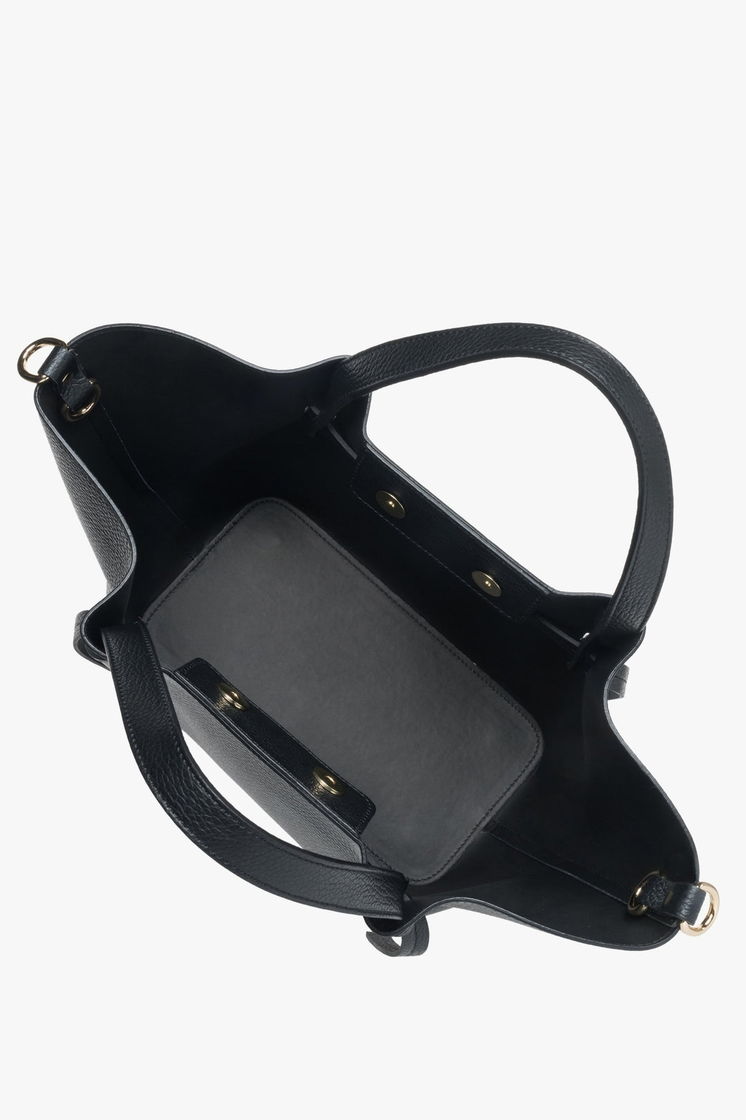 Black boat-shaped leather handbag made of Italian genuine leather - interior presentation.