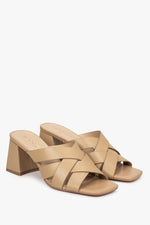 Leather women's beige sandals with a block heel by Estro.