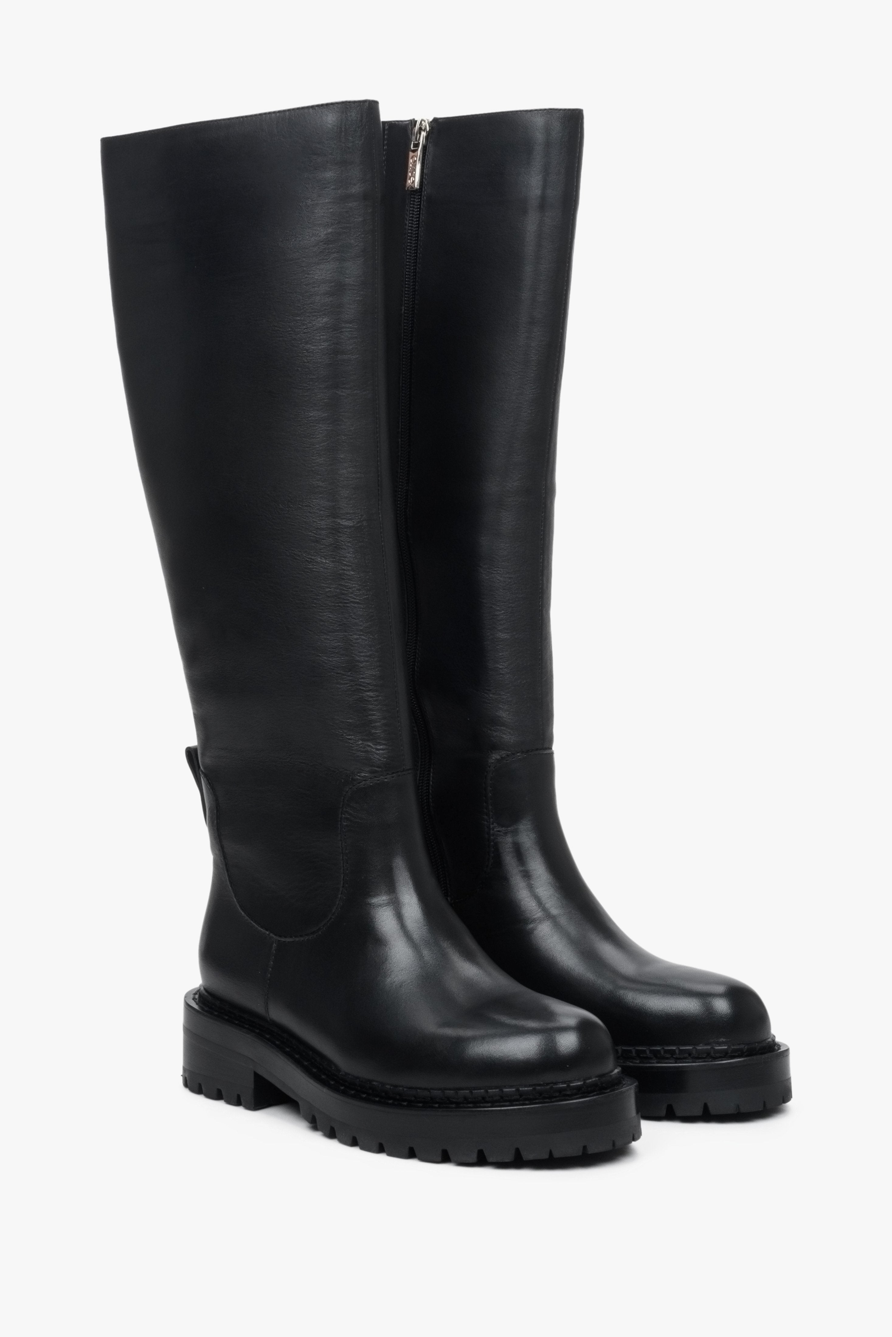 Women's black leather boots with a wide shaft by Estro - winter model.