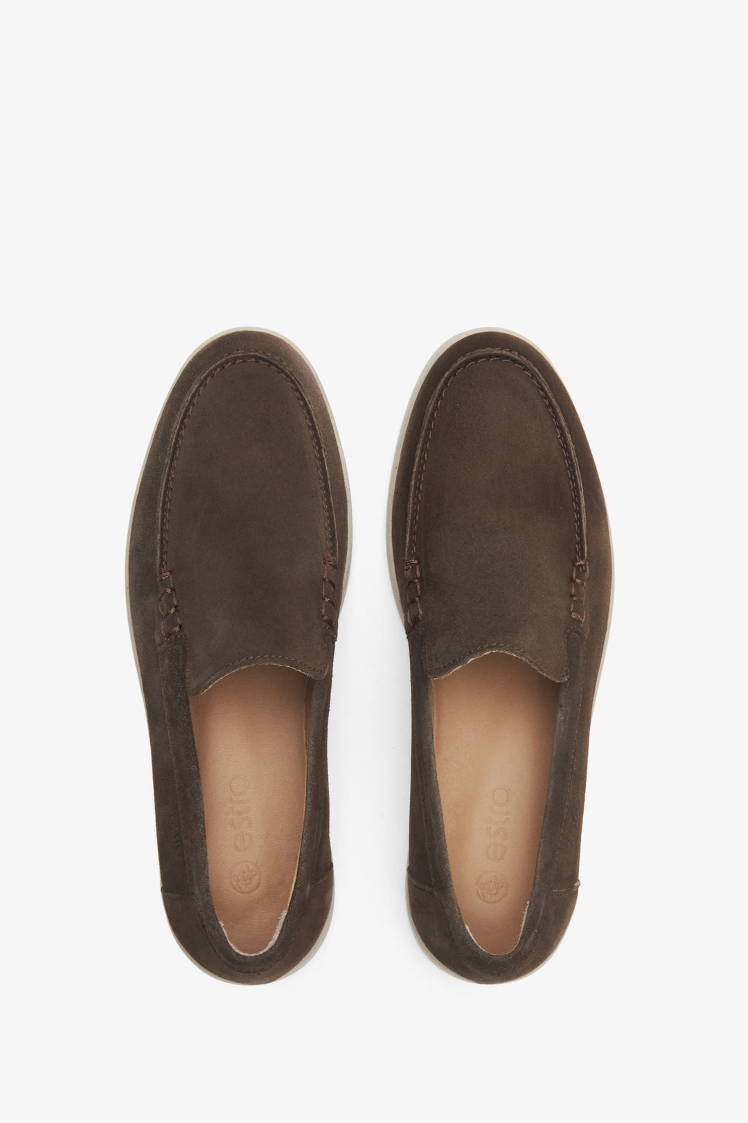 Women's velour loafers in saddle brown by Estro - presentation of footwear from above.