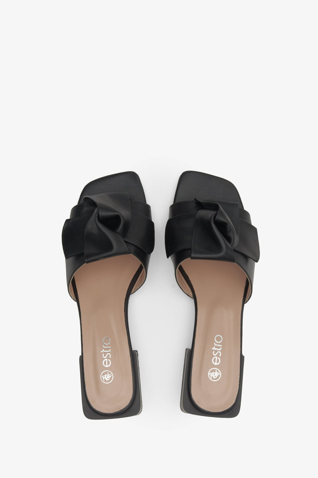 Women's low-heeled black mules by Estro - top view presentation of footwear.