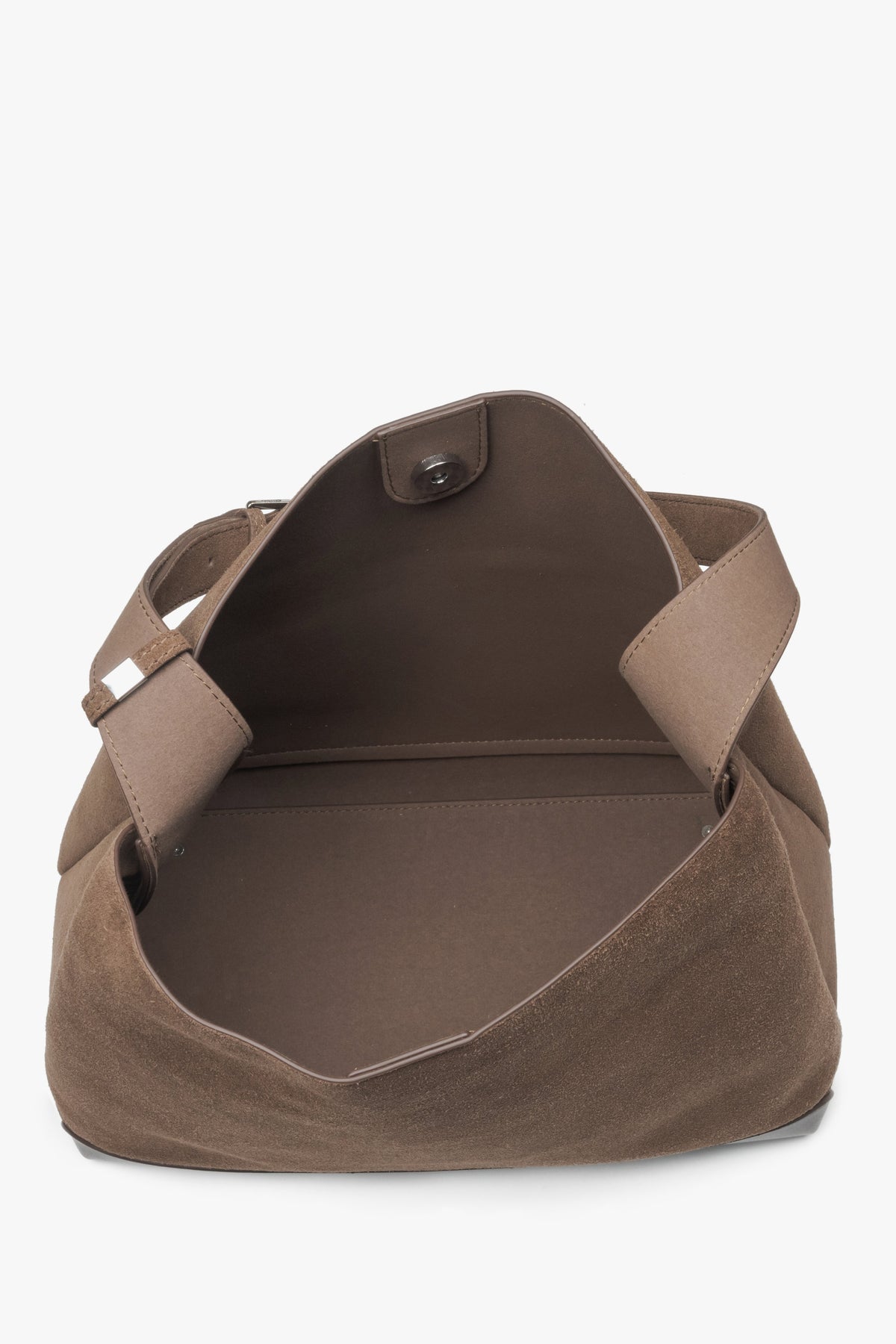 A stylish dark brown women's bag by Estro, made of genuine velour, designed for comfortable shoulder wear – interior of the model.