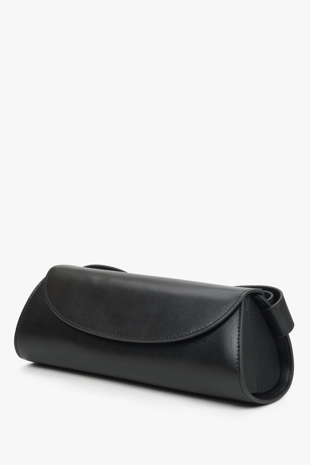 Women's black leather handbag with oblong shape.