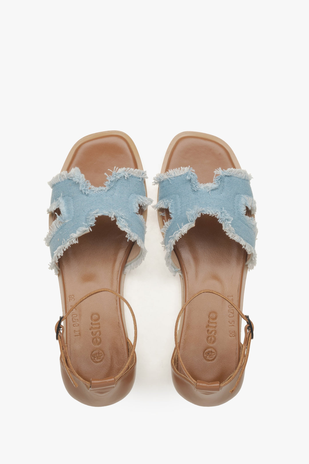 Estro women's brown leather sandals with a denim insert - top view presentation.