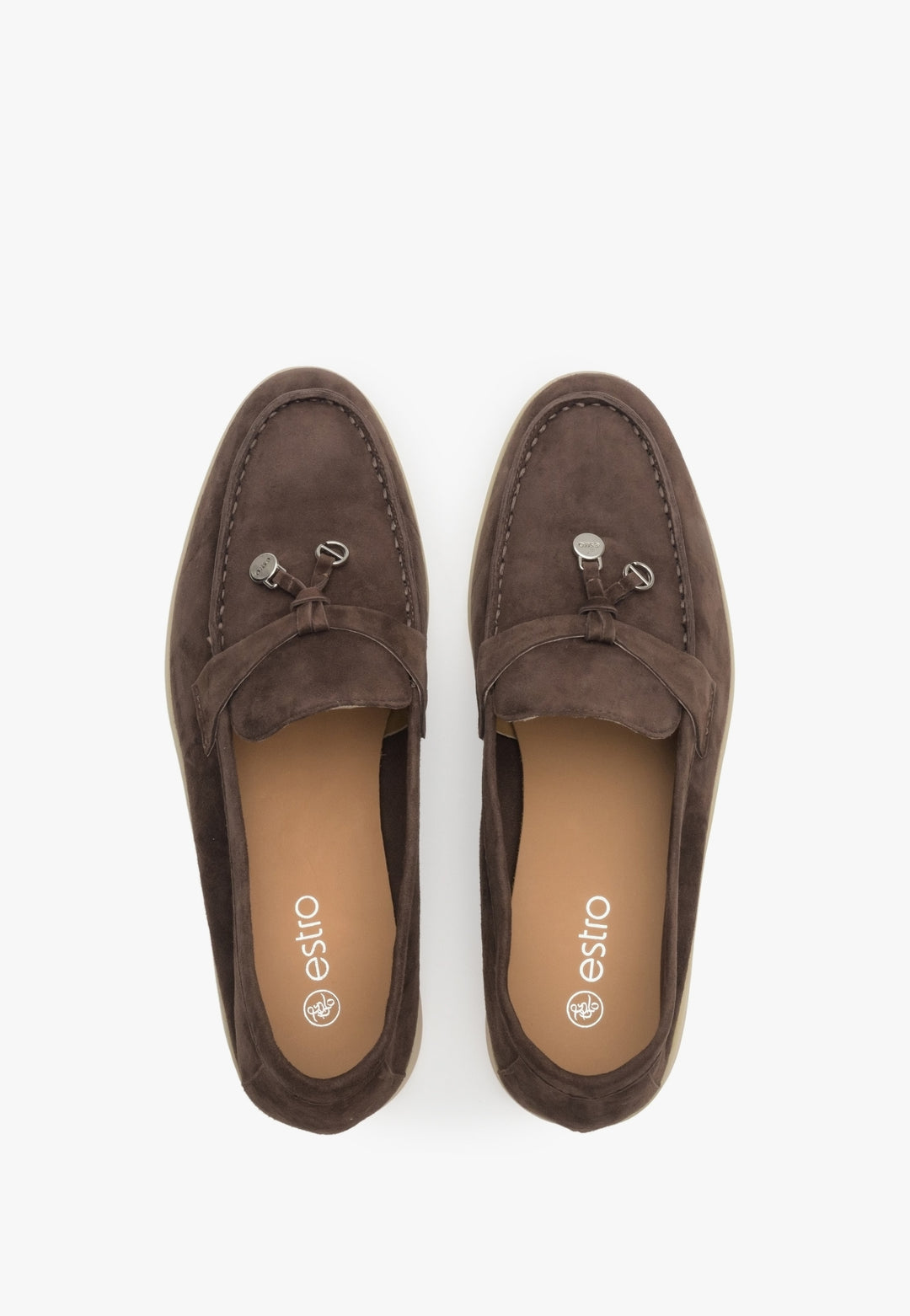 Saddle brown women's loafers of Estro brand made of velour and leather - presentation of the footwear from above.