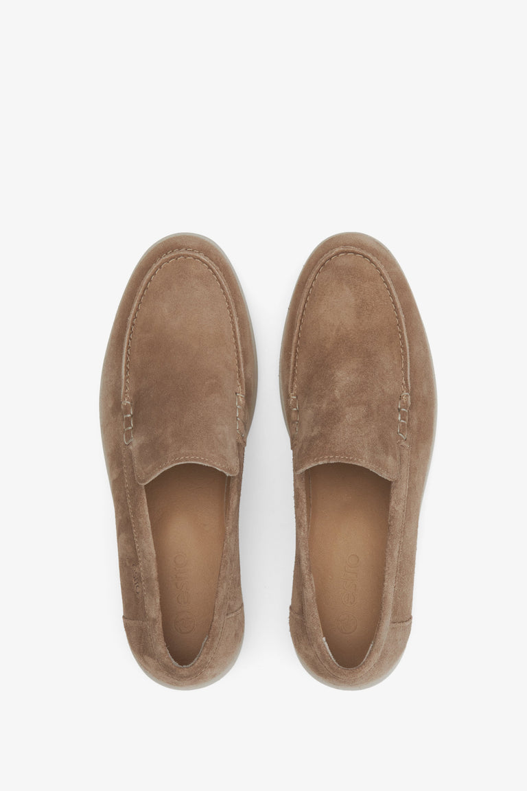 Feminine light brown velour loafers - presentation of the footwear from above.