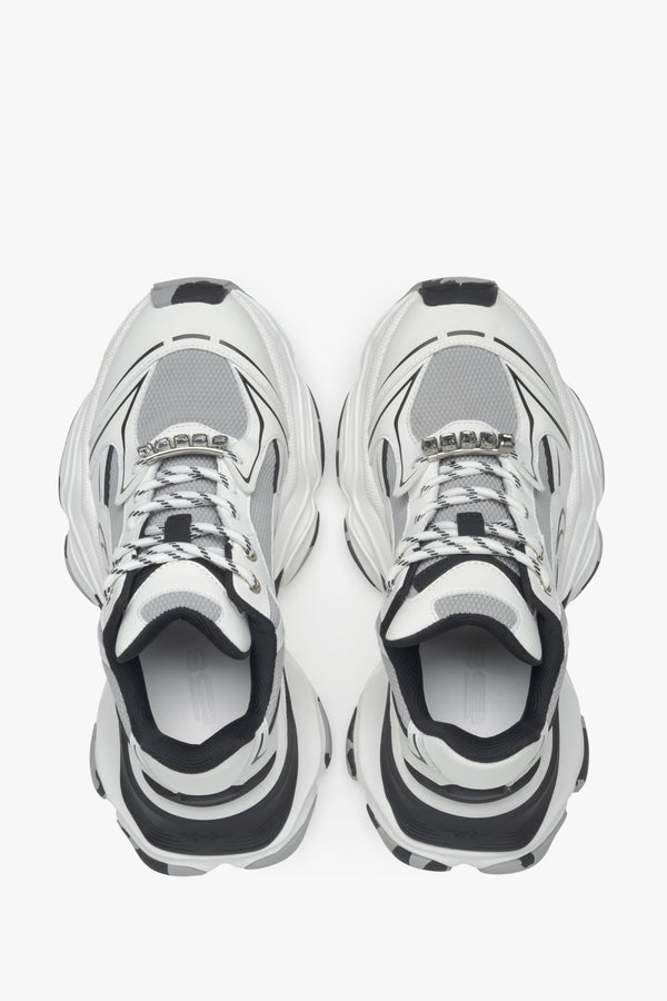 White women's sneakers, ES8, with rhinestones on the laces – top view presentation.