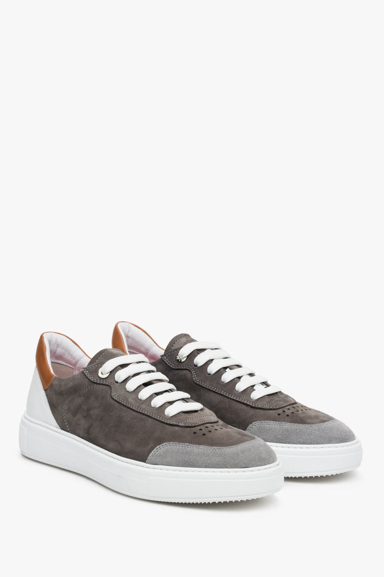 Men's grey and brown and white nubuck and natural leather spring Estro sneakers.