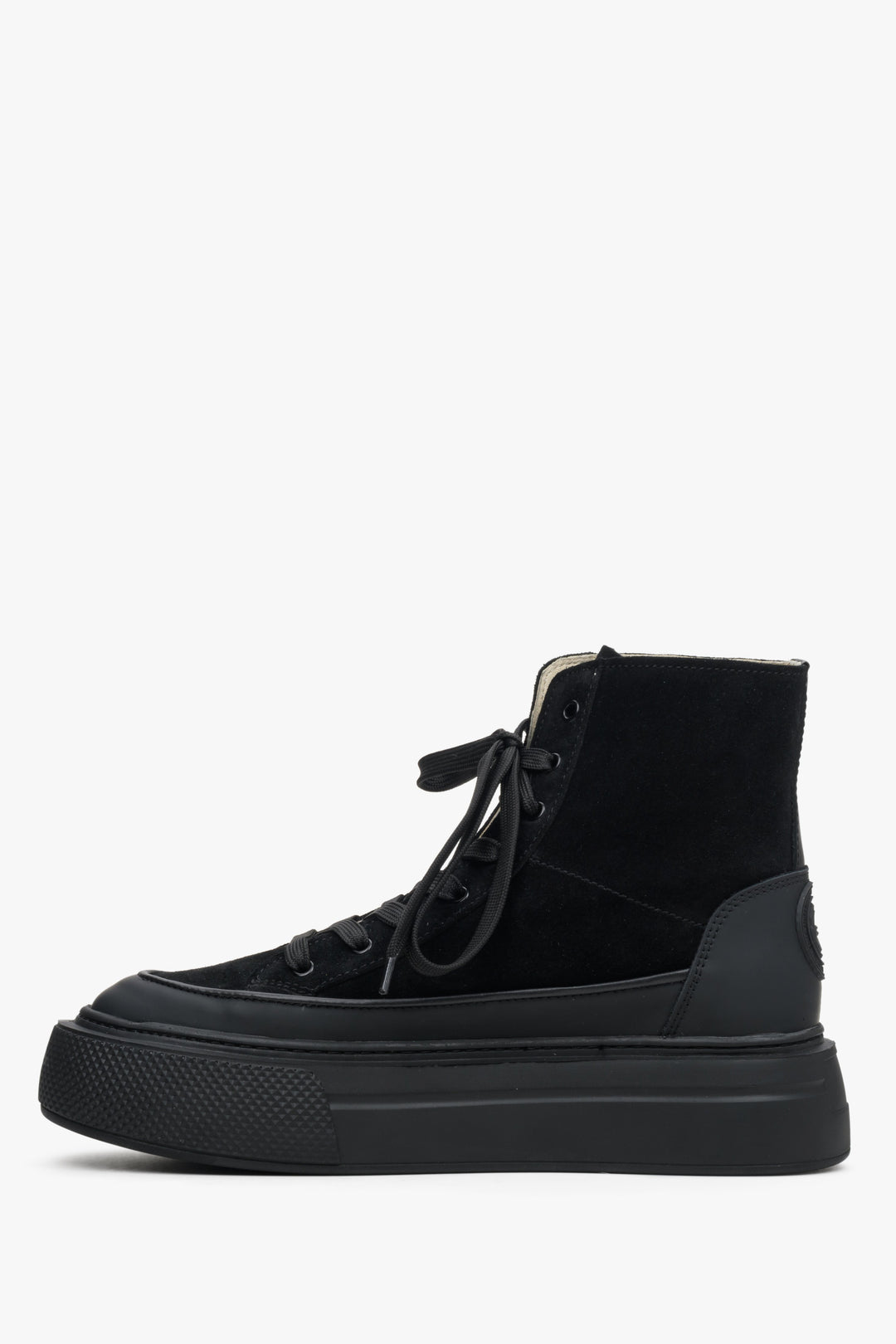 Women's black high-top sneakers, leather and velour - shoe profile.