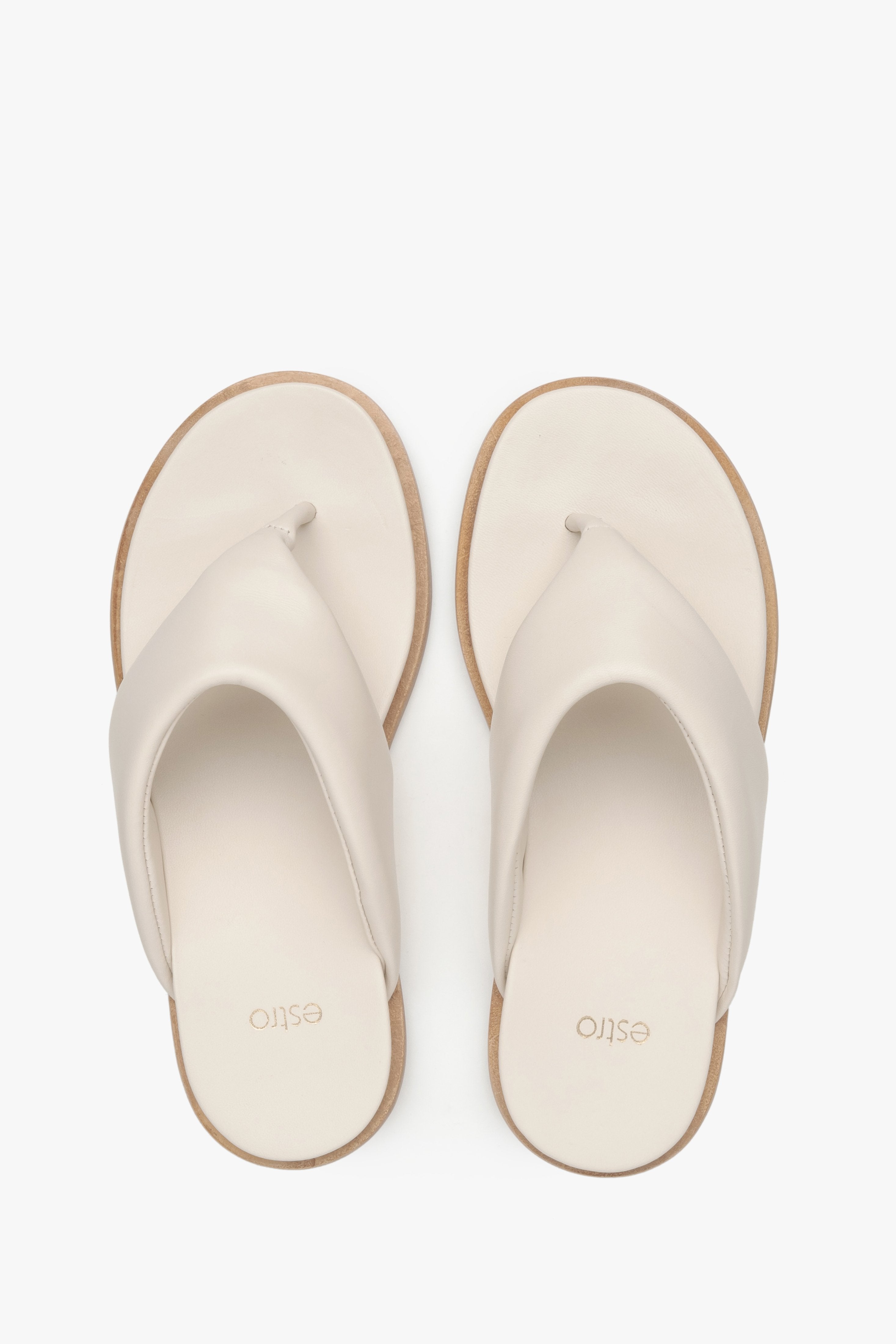 Women's light beige leather thong slide sandals Estro - presentation from above.