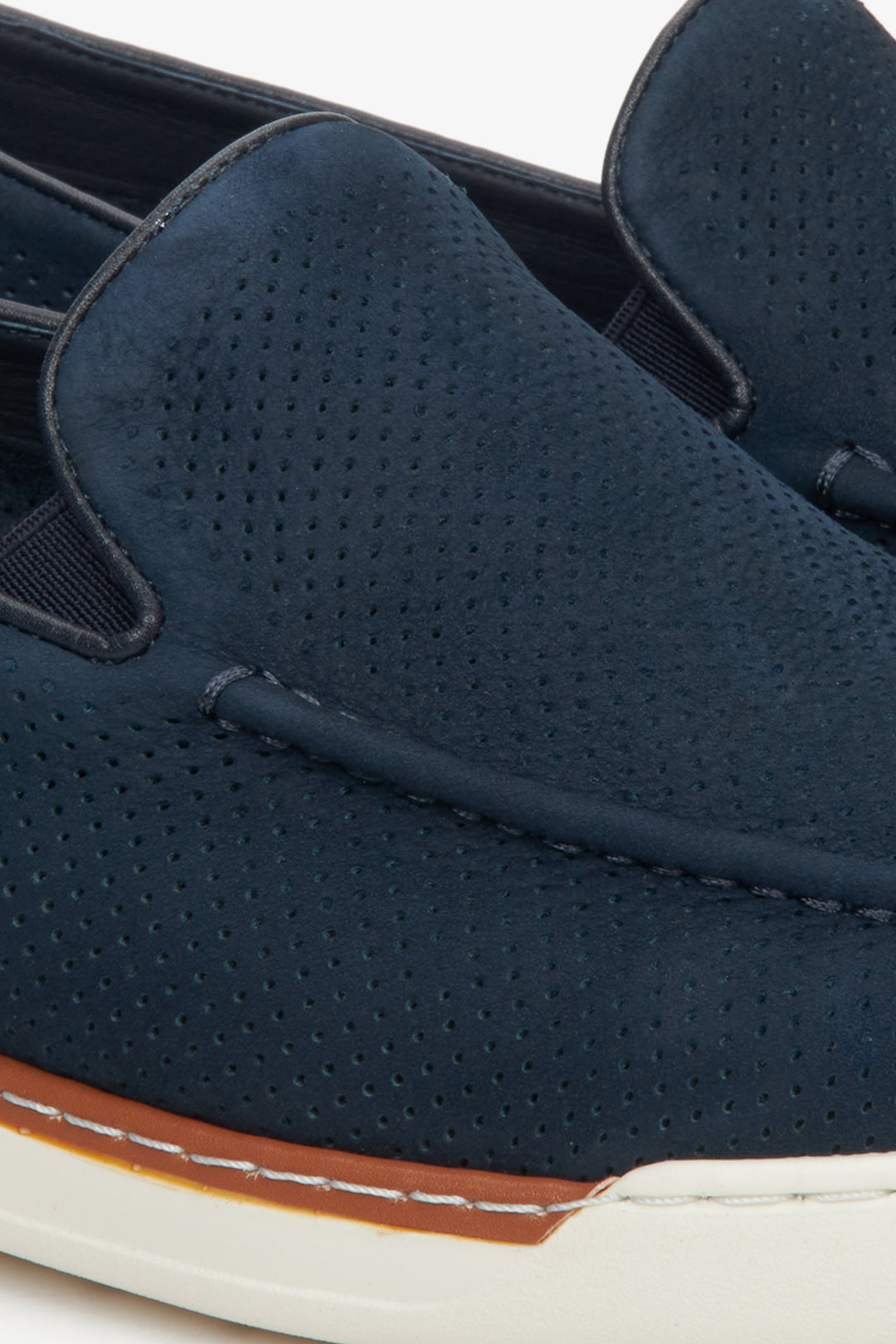 Navy blue nubuck men's moccasins by Estro with perforation - close-up on the details.