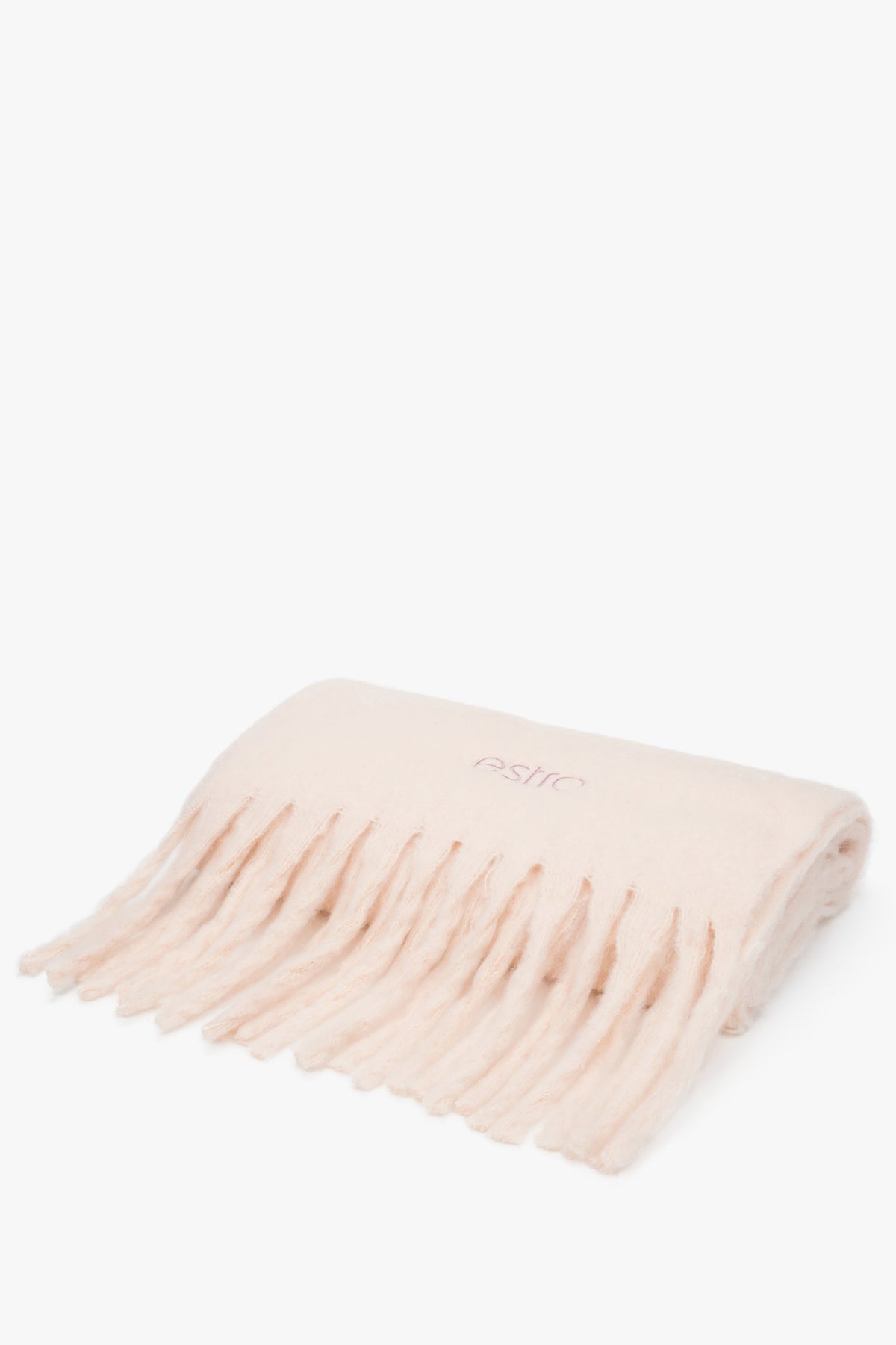 Warm, chunky beige women's scarf by Estro with fringes.