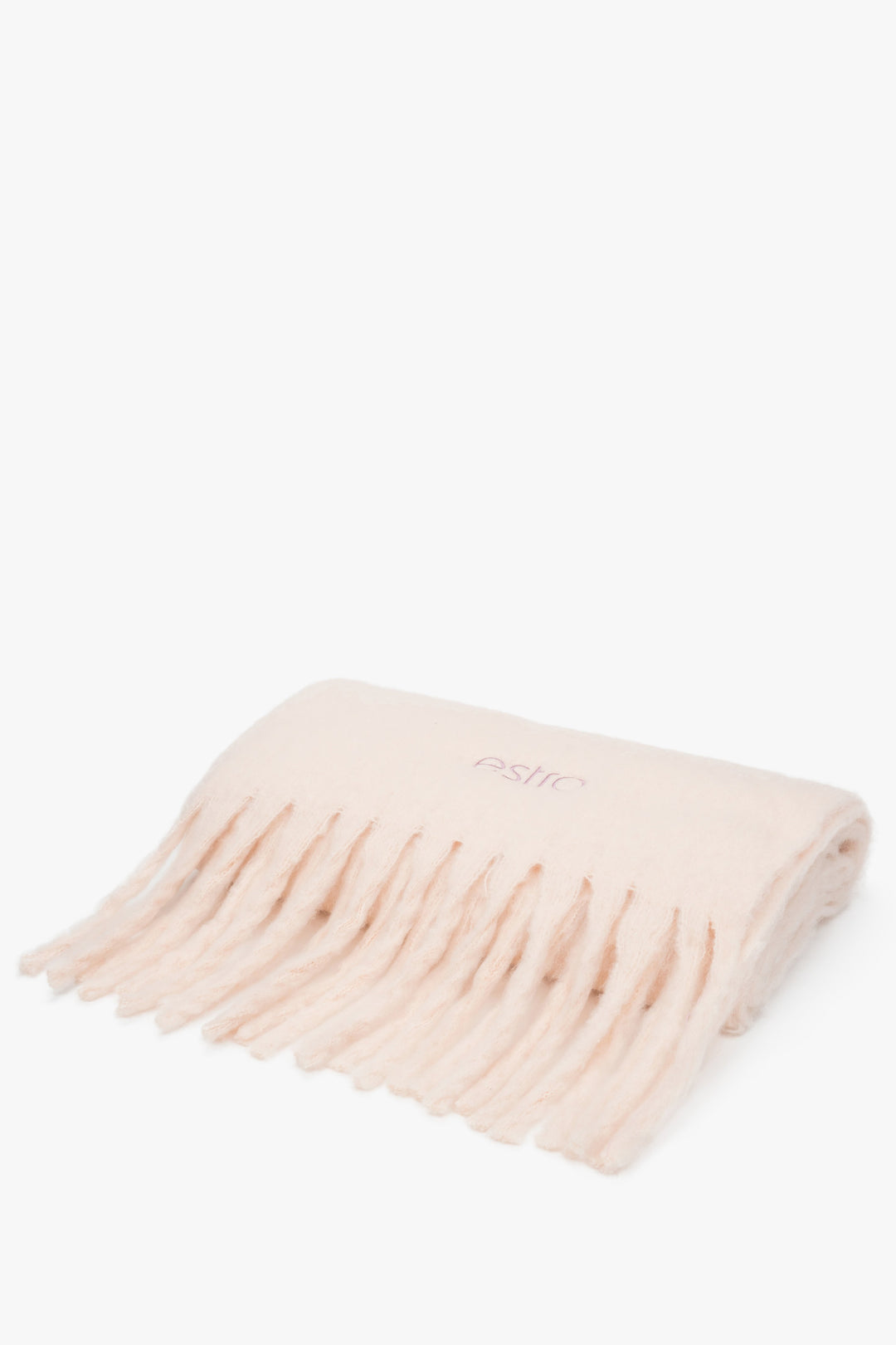 Warm, chunky beige women's scarf by Estro with fringes.