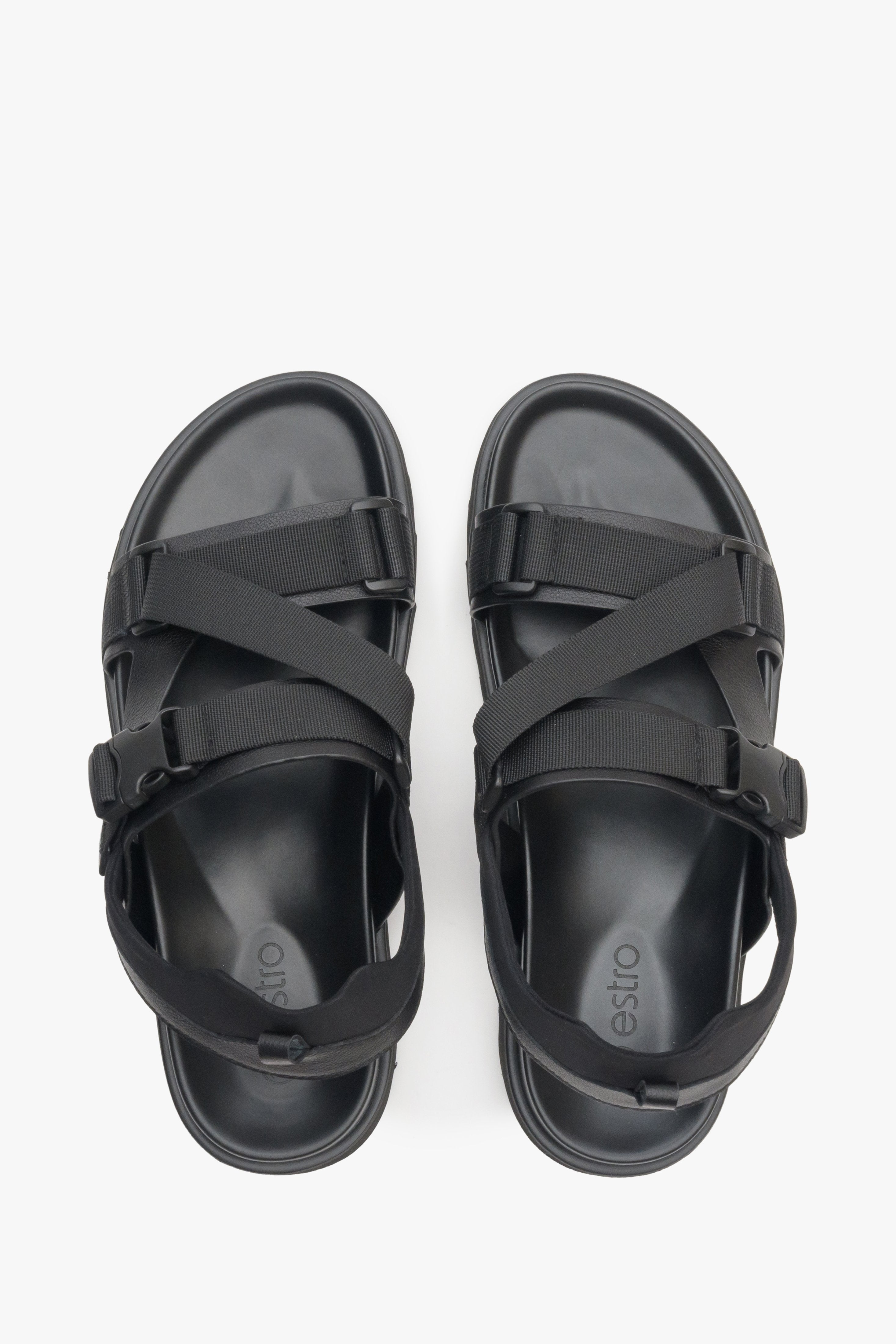 Men's high sandals in black, made from genuine leather and textiles - top view model presentation.