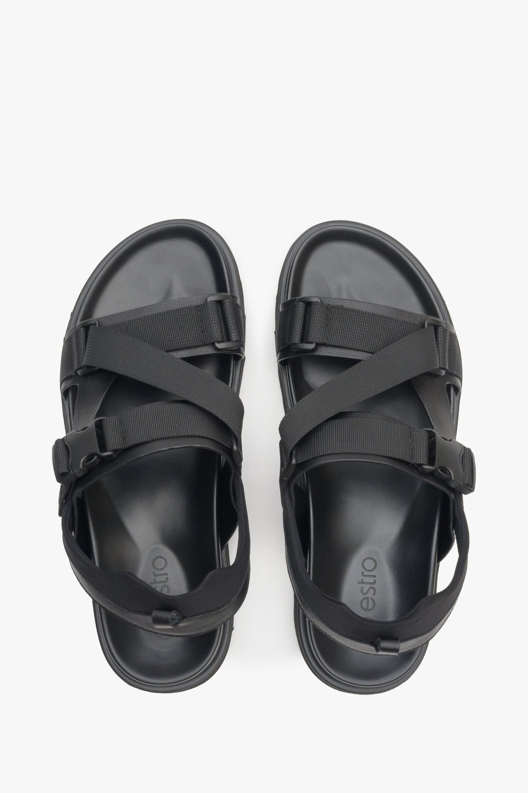 Men's high sandals in black, made from genuine leather and textiles - top view model presentation.