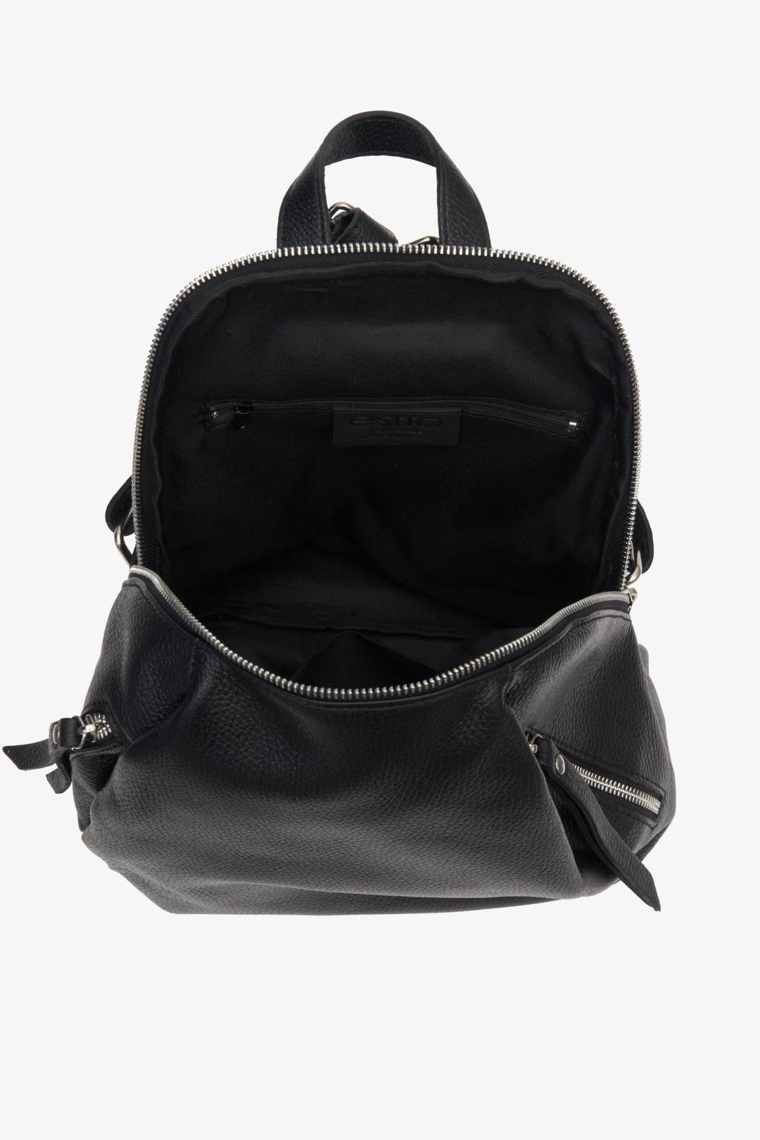 Women's black leather backpack with silver accents - close-up on the lining.