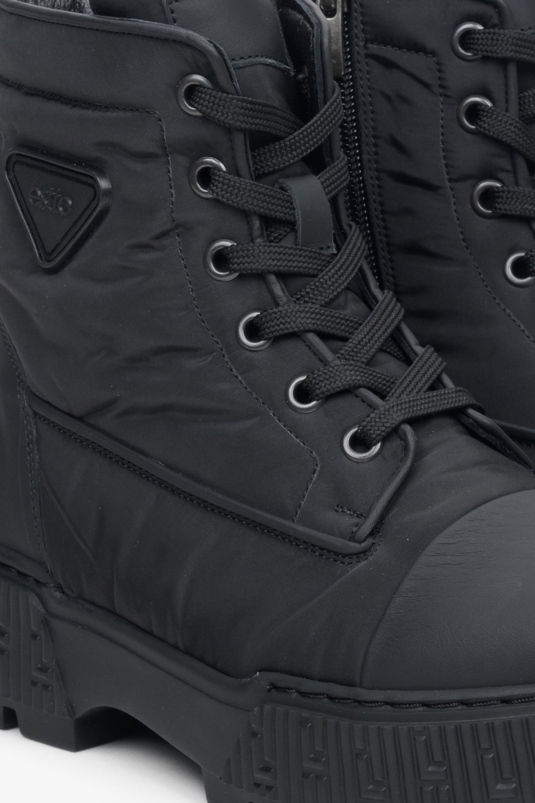 Comfortable women's black  autumn boots by Estro - close-up on the lacing system.