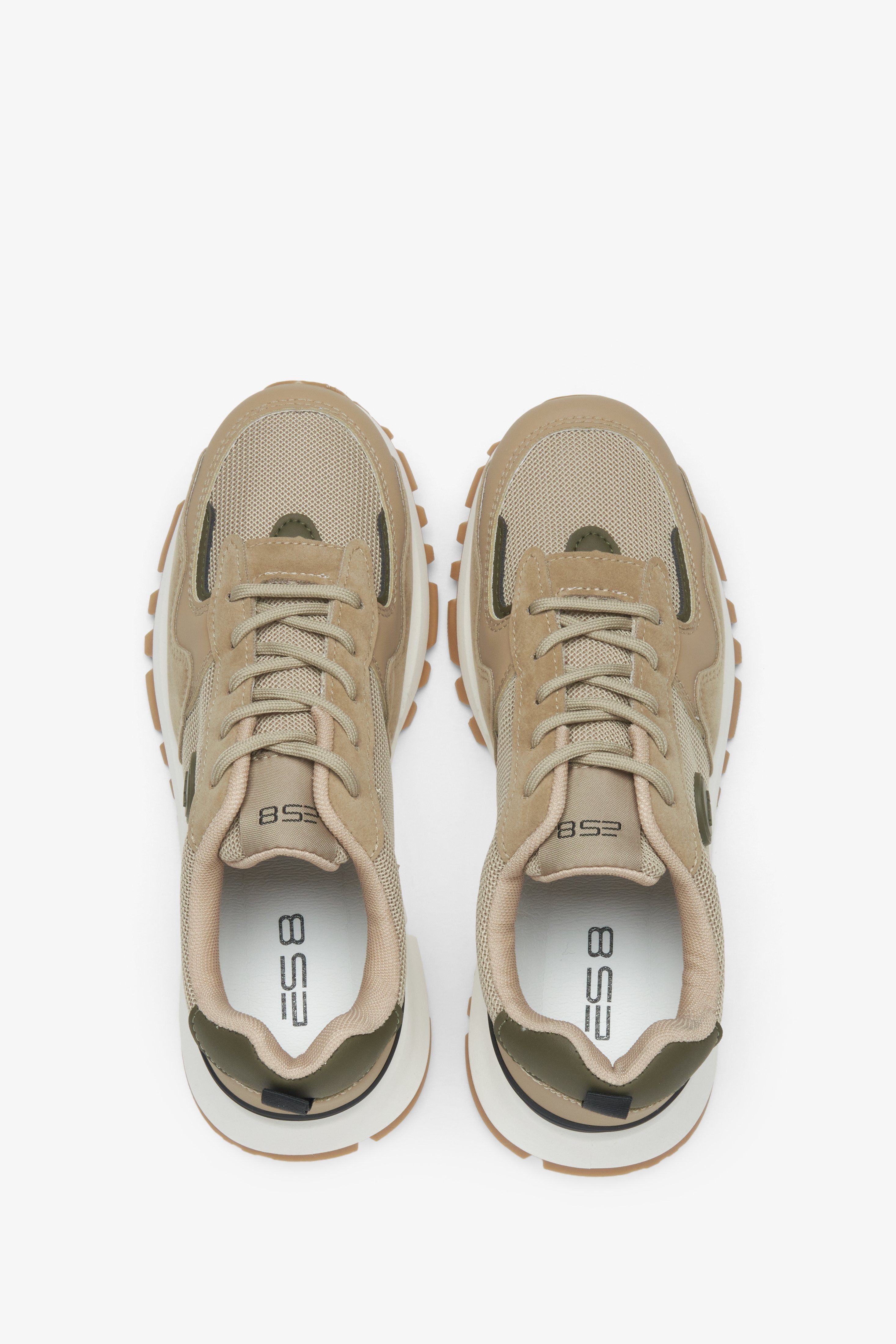 Stylish beige women's sneakers made of eco-leather and soft textiles, ES8 – top view presentation.