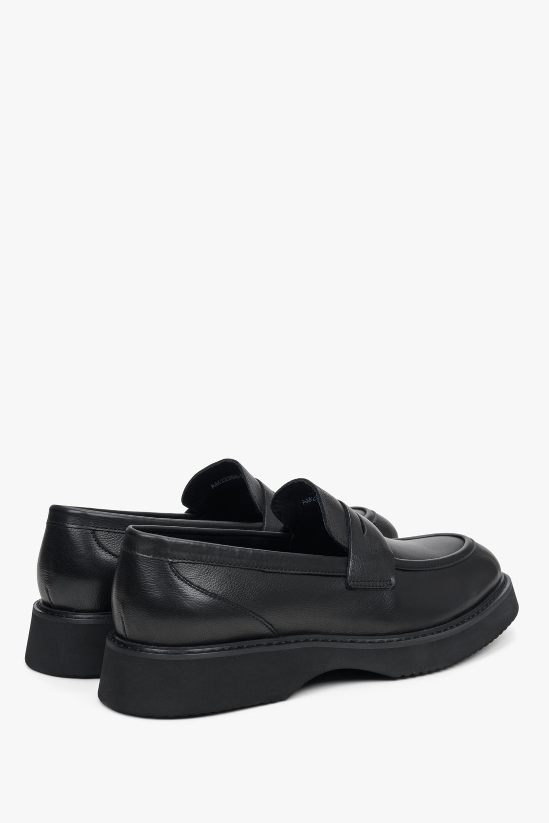 Men's black leather Estro loafers - close-up on the heel and side line of the shoe.