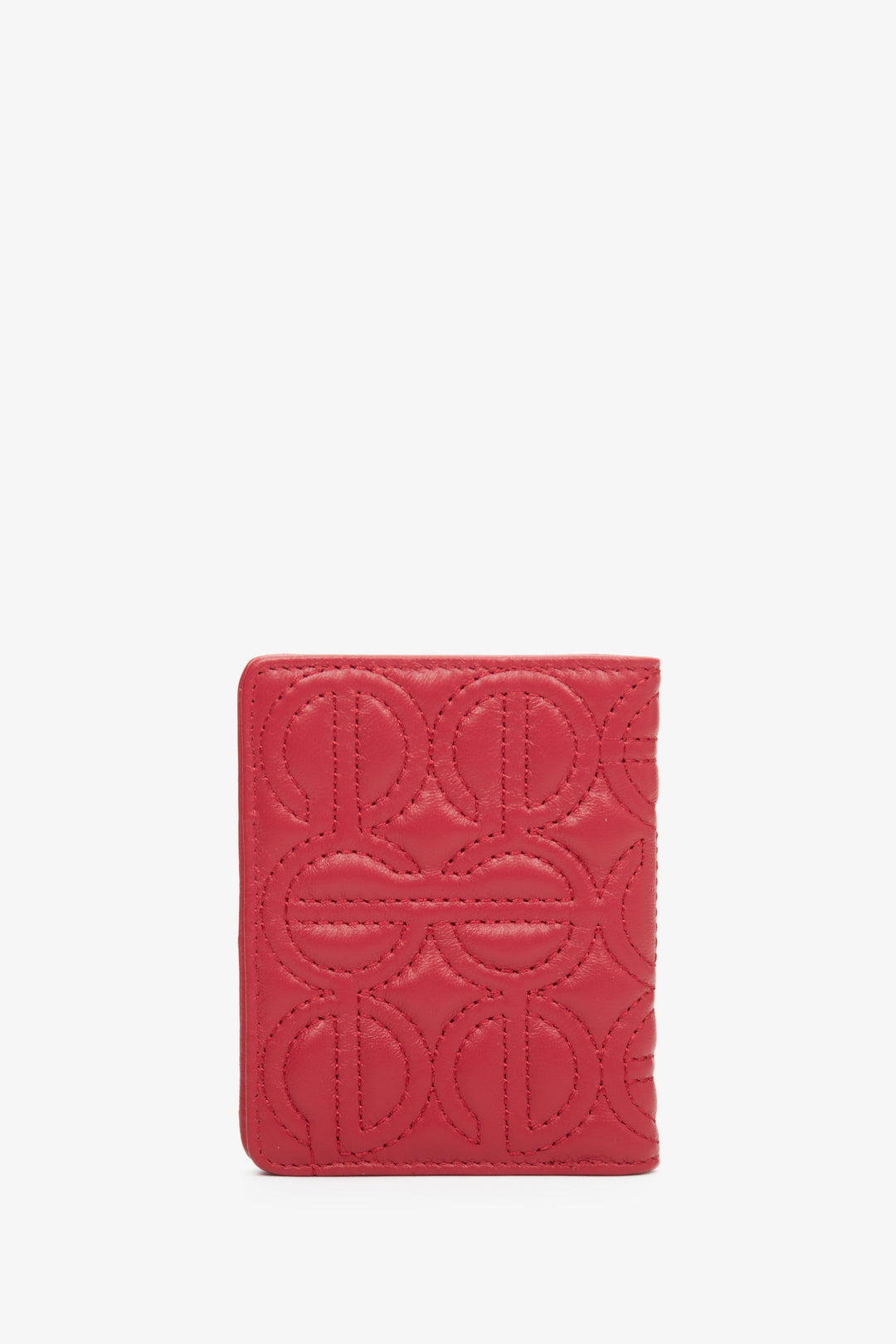 Small women's red card leather wallet by Estro with embossed logo.
