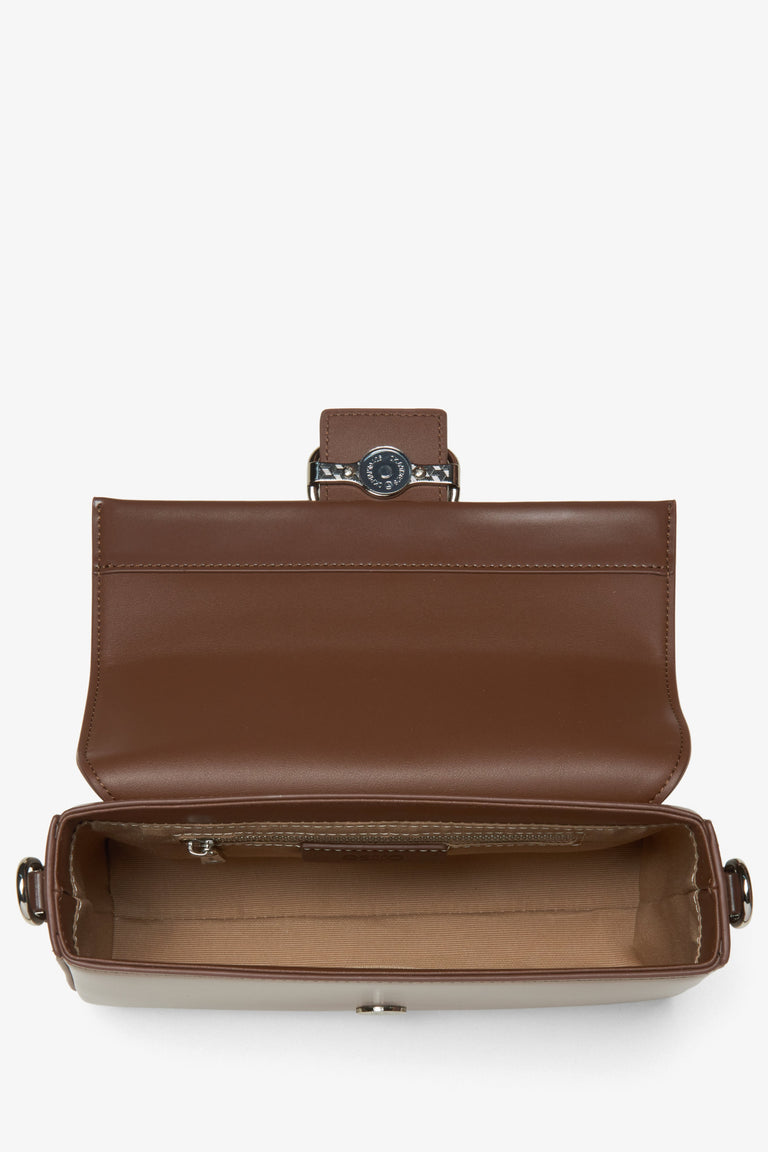 Dark brown leather women's bag - interior view.