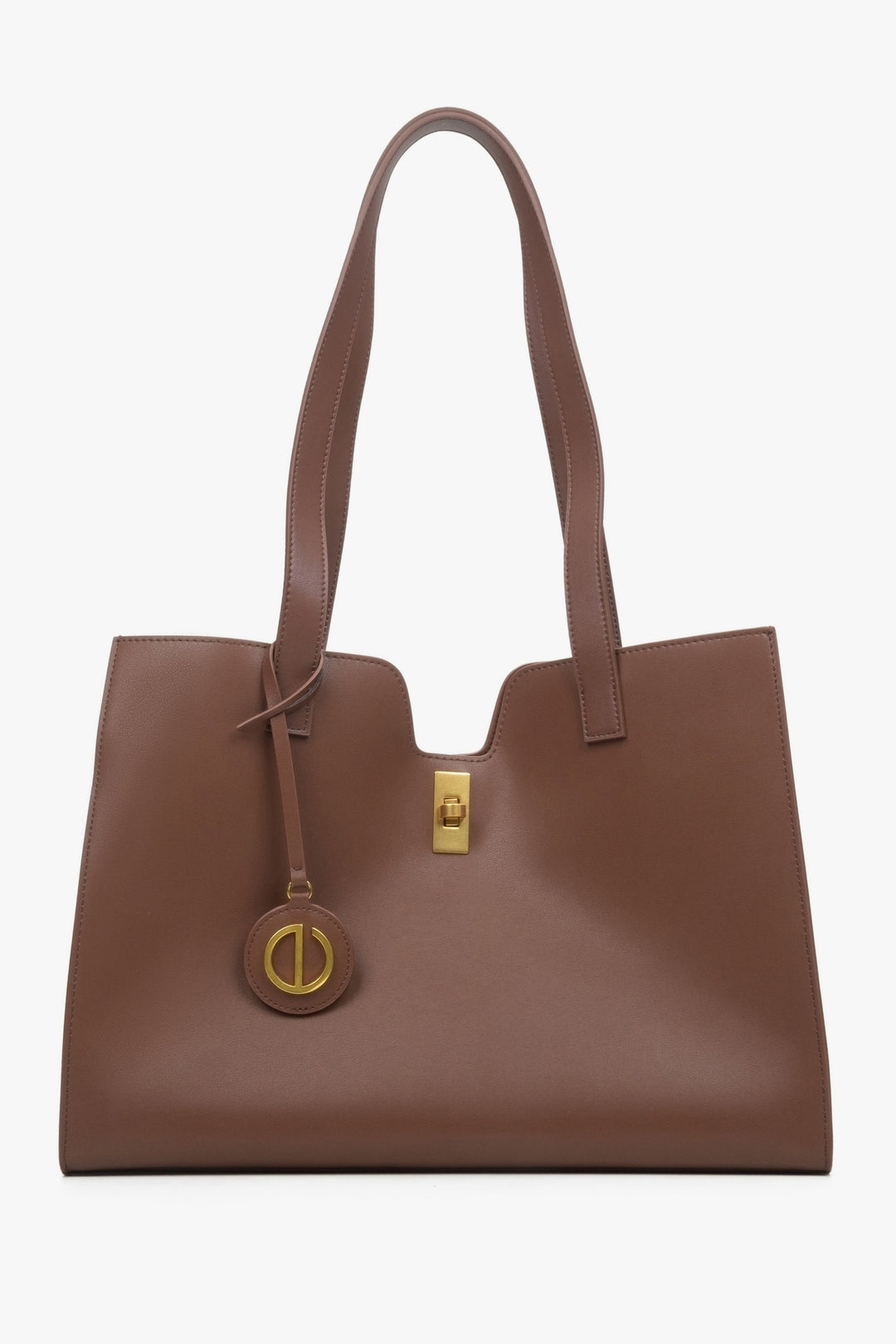 Women's dark brown leather shopper bag with decorative strap by Estro.