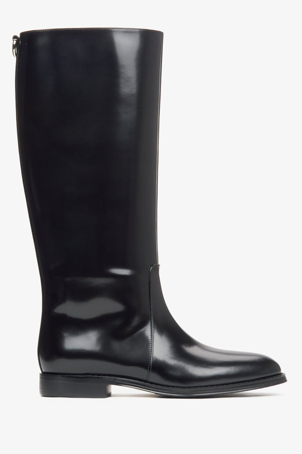 Women's Black Leather Knee-High Boots with a Wide Shaft Finished with a High Gloss Estro ER00115872.