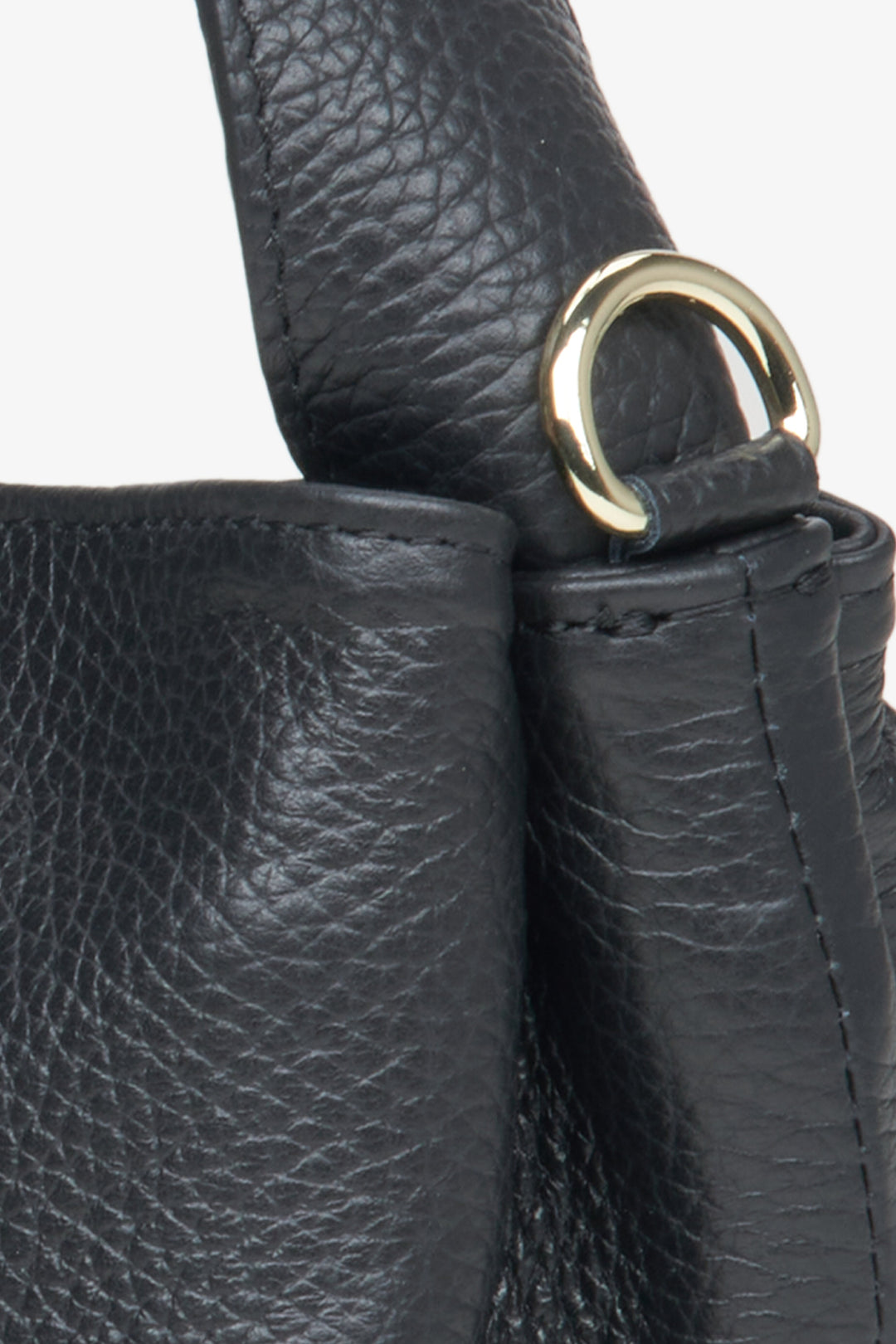 Women's black handbag by Estro - close-up of the detail.