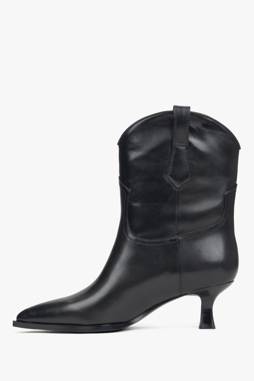 Black leather ankle boots for women by Estro - side profile view.