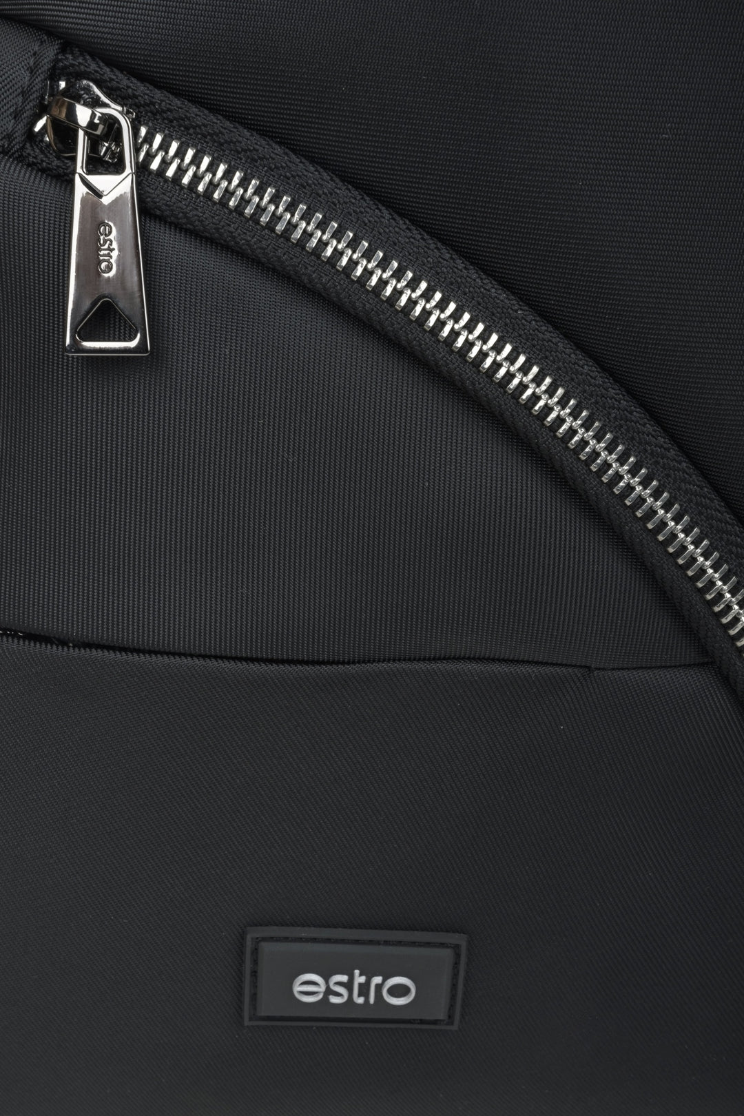 Men's black Estro pouch with silver hardware - close-up on the details.