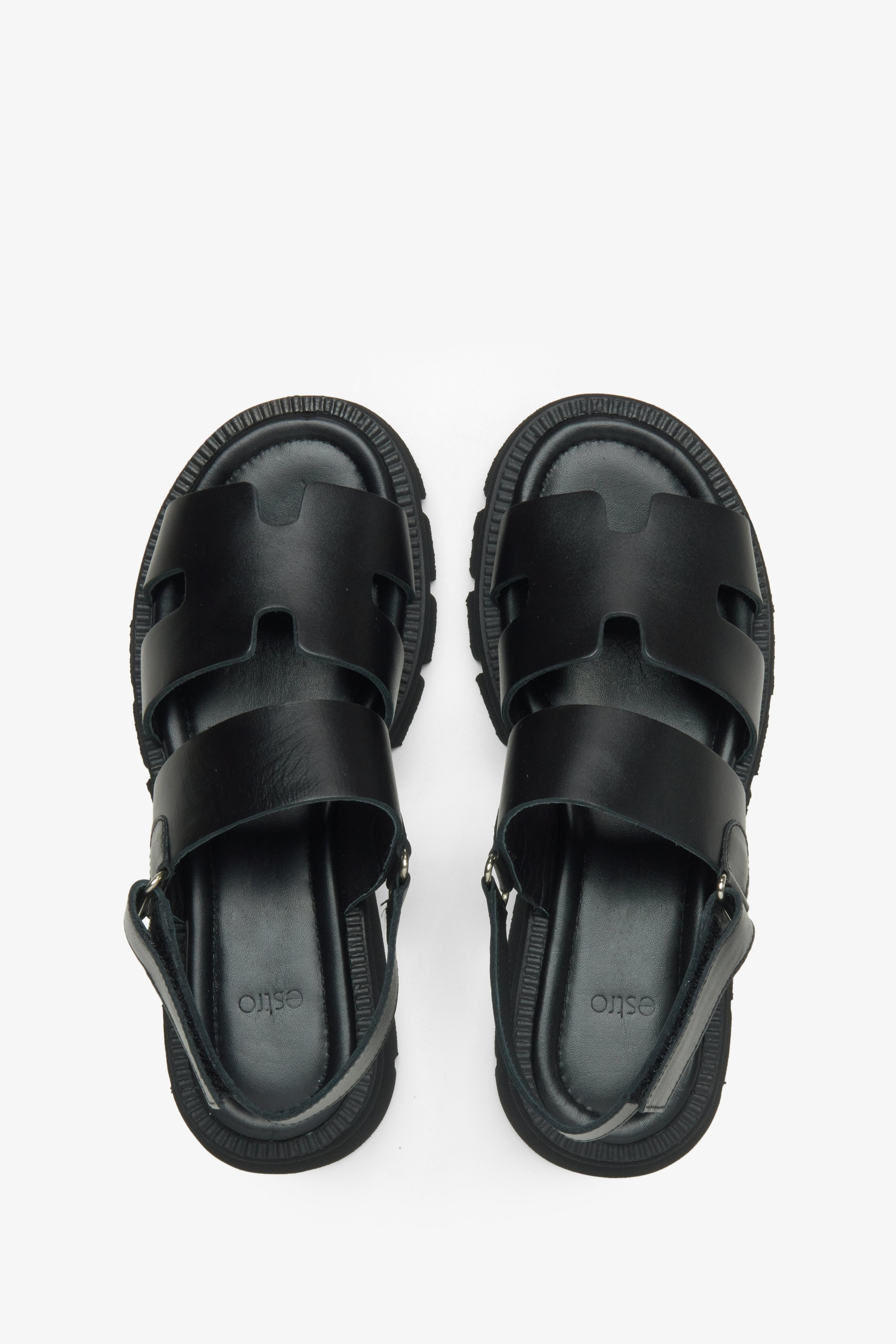 Women's black leather sandals by Estro - top view presentation of the model