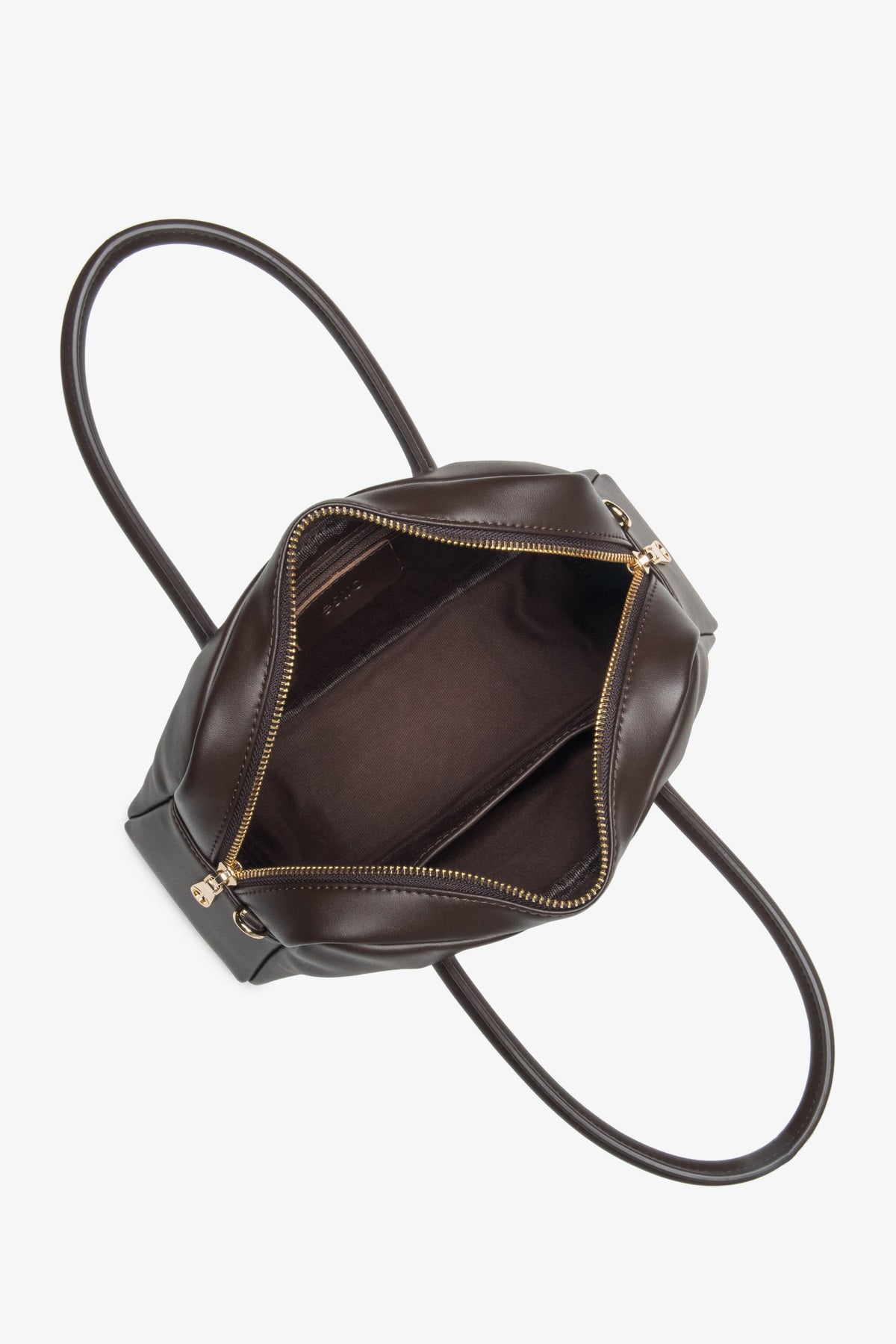 Stylish dark brown women's handbag by Estro, crafted from genuine leather, featuring a classic boxy shape – interior view of the model.