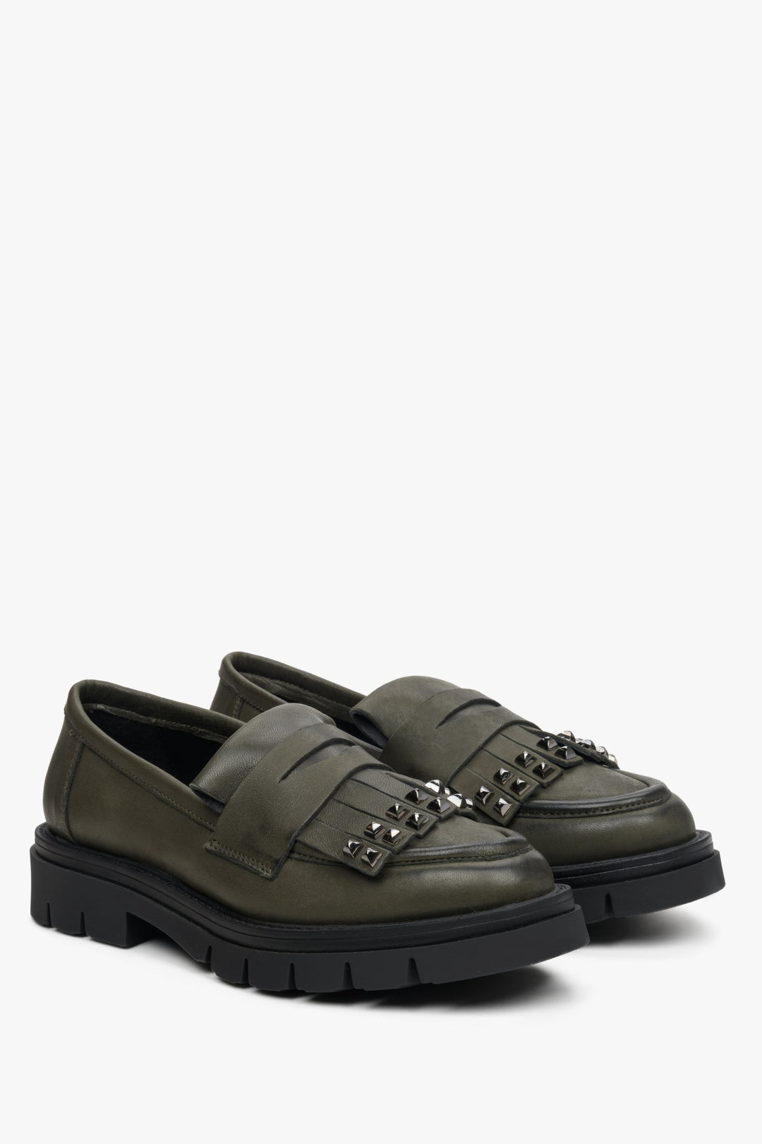 Women's dark green loafers made of Italian genuine  leather by Estro.