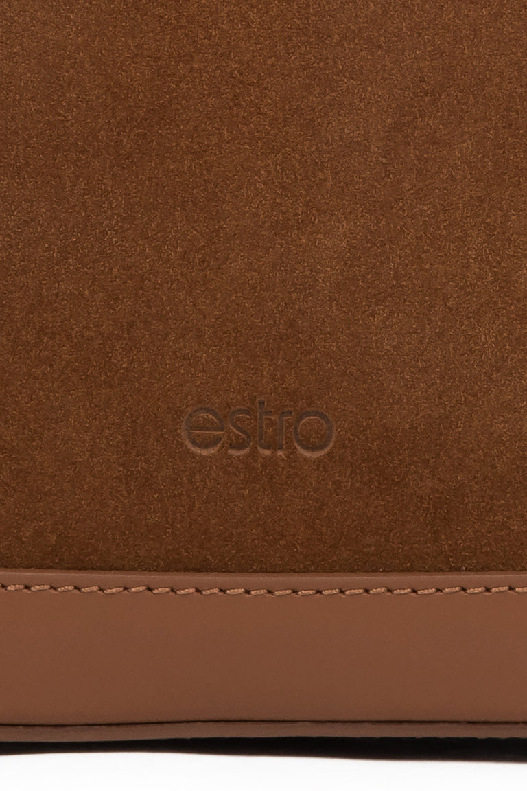 Elegant brown briefcase-style handbag made of velour and leather – estro – details.