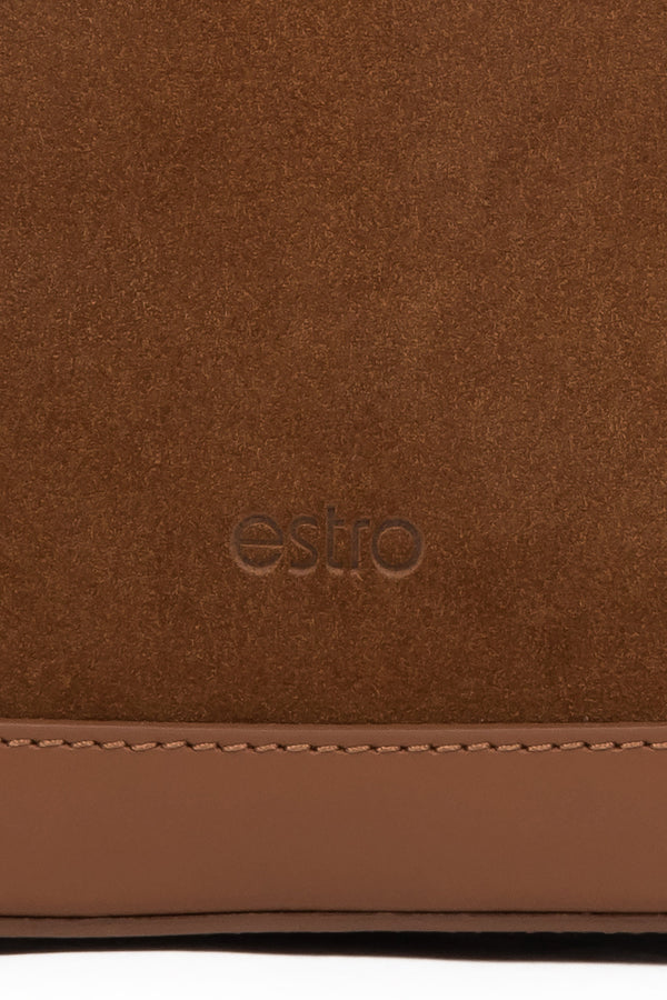Elegant brown briefcase-style handbag made of velour and leather – estro – details.