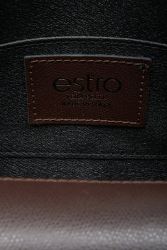 Women's dark brown leather handbag by Estro - close-up on details.