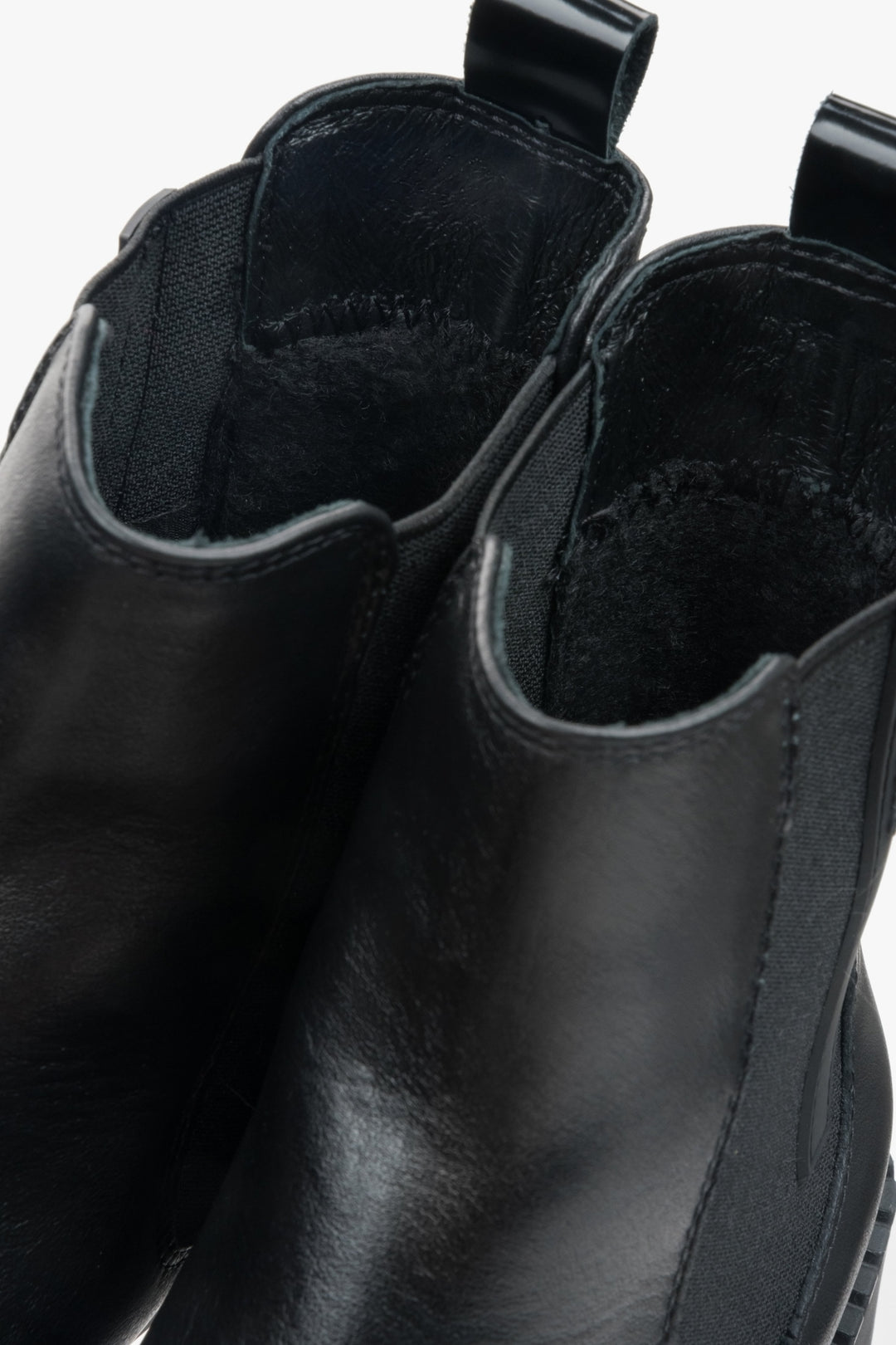 Black women's chelsea boots by Estro - close-up of details.