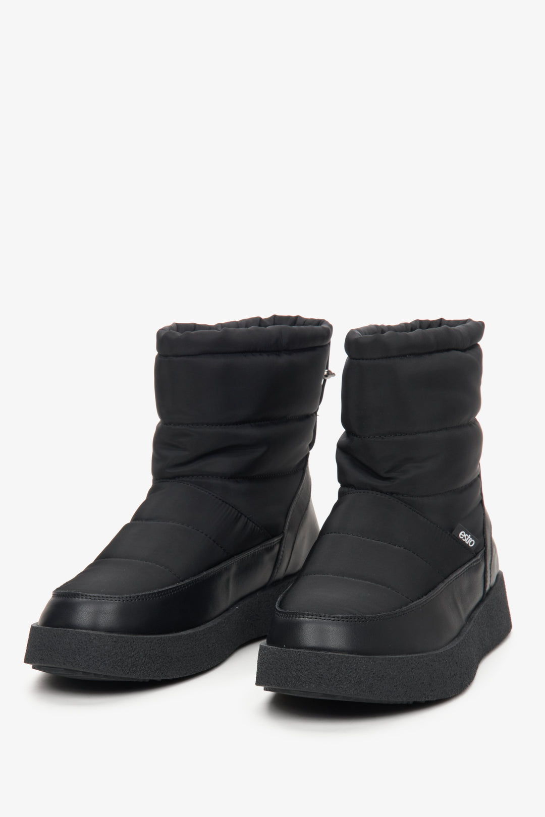 Women's black snow boots with fur lining by Estro - close-up on the toe of the shoe.