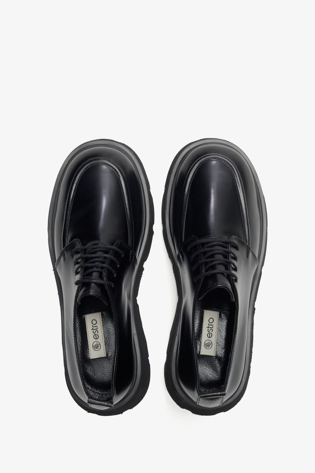 Women's black leather lace-up shoes by Estro - top view presentation of the model.