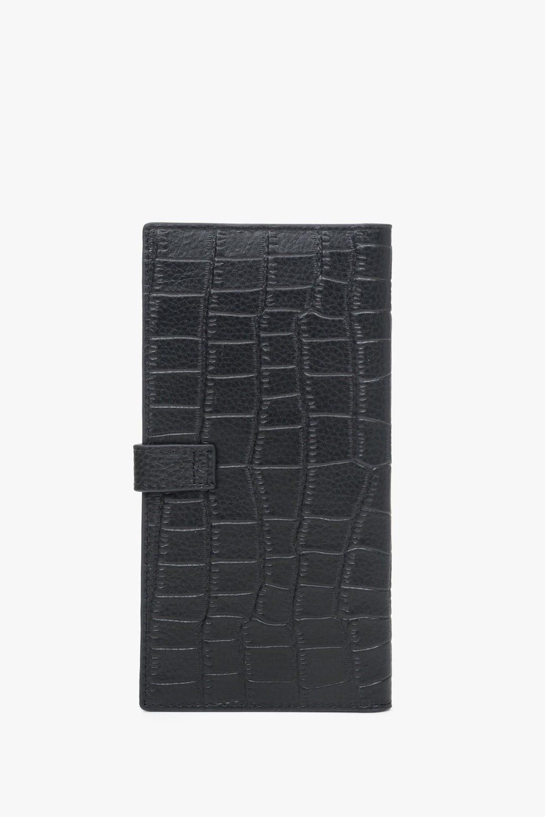 The back of a large black women's wallet made of embossed genuine leather with silver details by Estro.