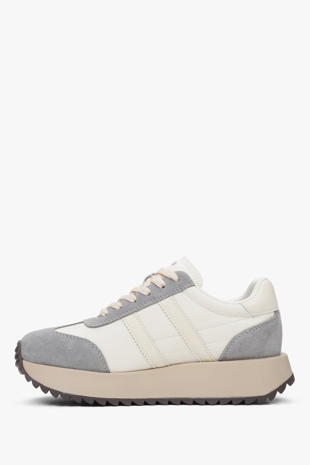 A pair of women's low-top sneakers in beige and grey, featuring a mix of soft velour and leather panels.