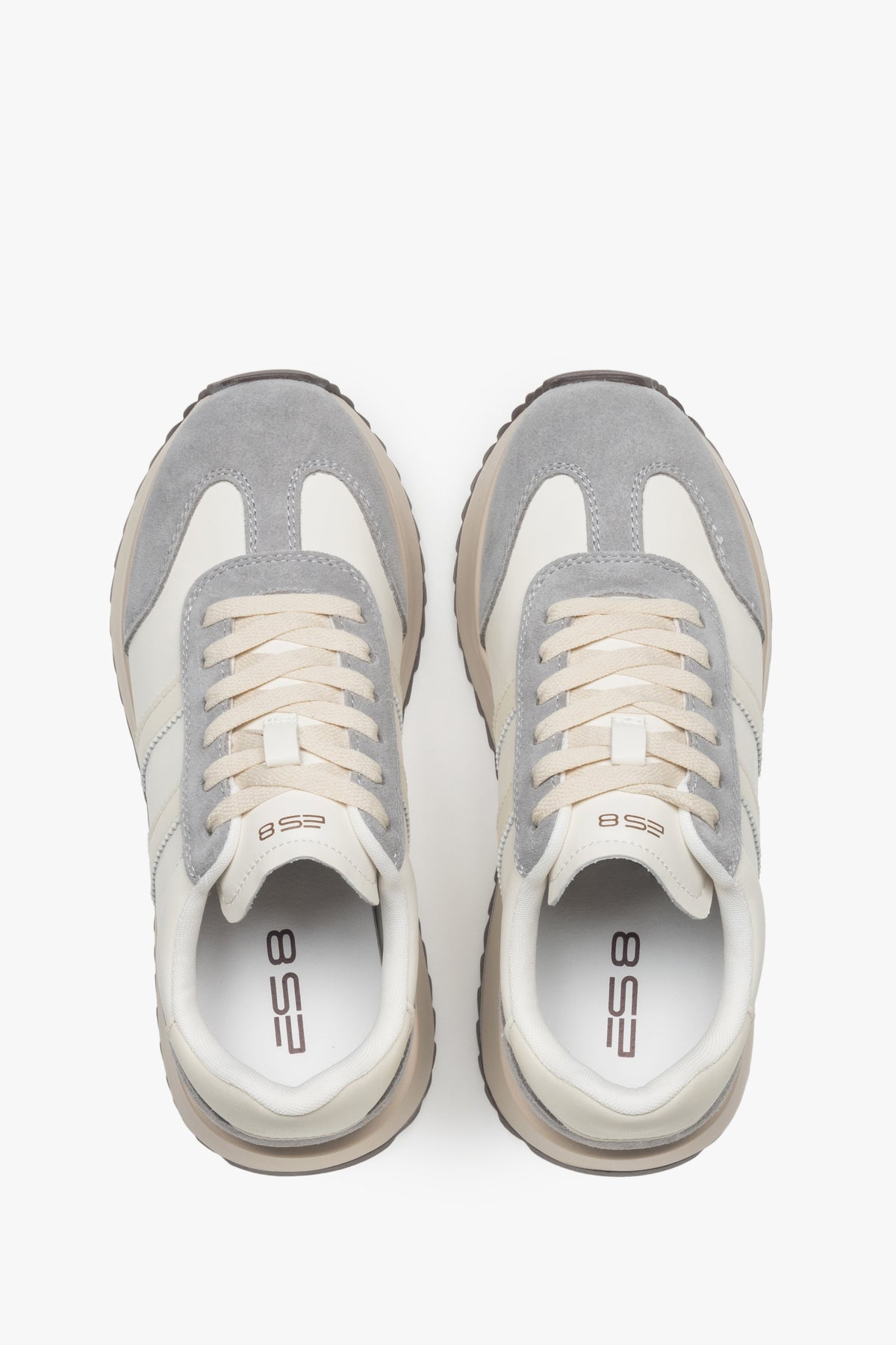 ES8 ER00116894: women's beige and grey low-top sneakers crafted from a blend of velour and leather materials.