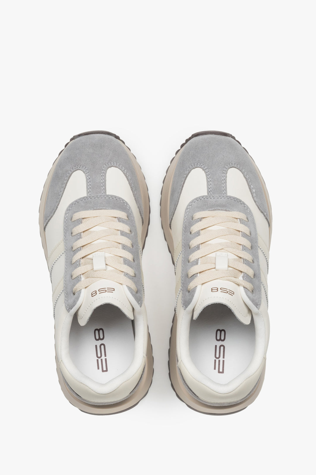 ES8 ER00116894: women's beige and grey low-top sneakers crafted from a blend of velour and leather materials.
