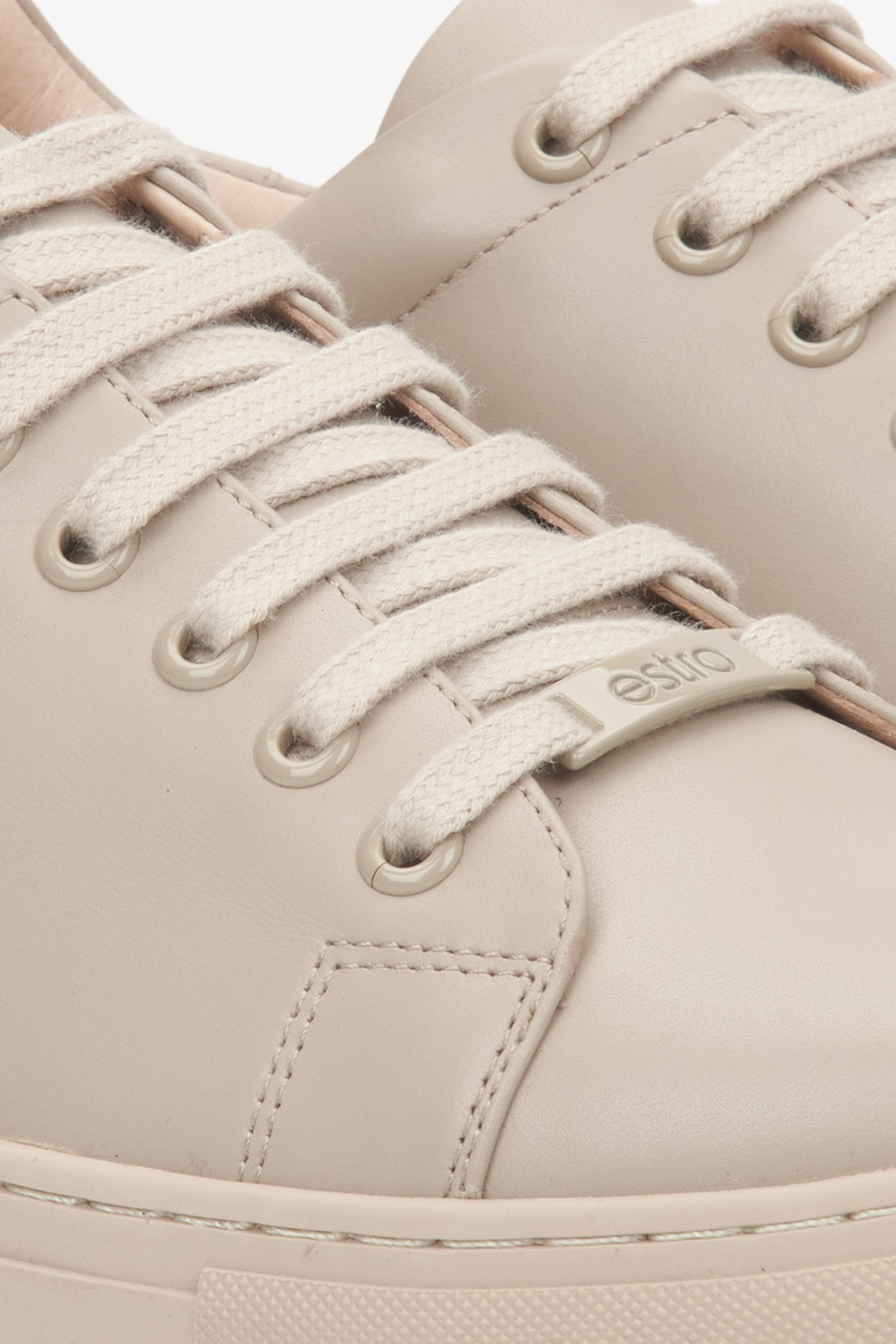 Premium Beige Women's Low-Top Sneakers Made of Leather by Estro - details.