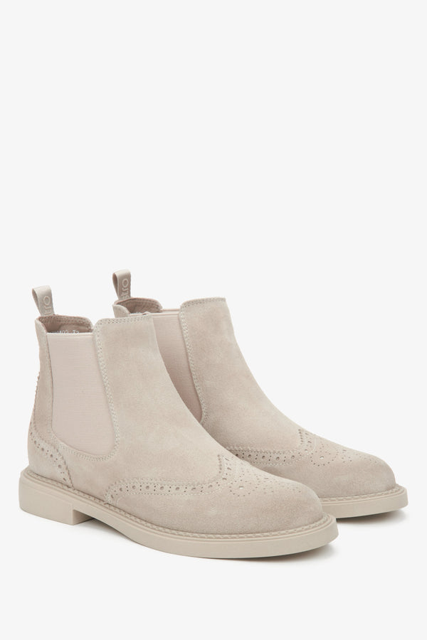 Women's Beige Low-Top Chelsea Boots Crafted from Premium Italian Velour by Estro.