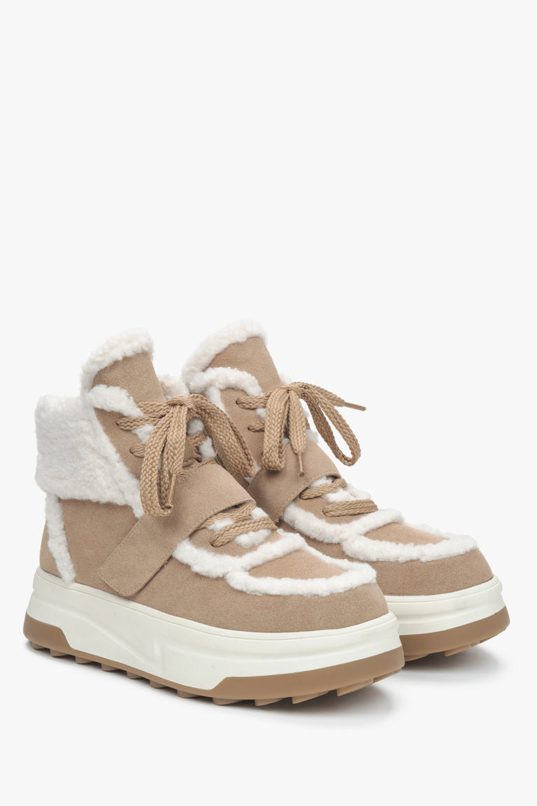 Beige Women's Velour Ankle Boots with Wool Lining for Winter by Estro.