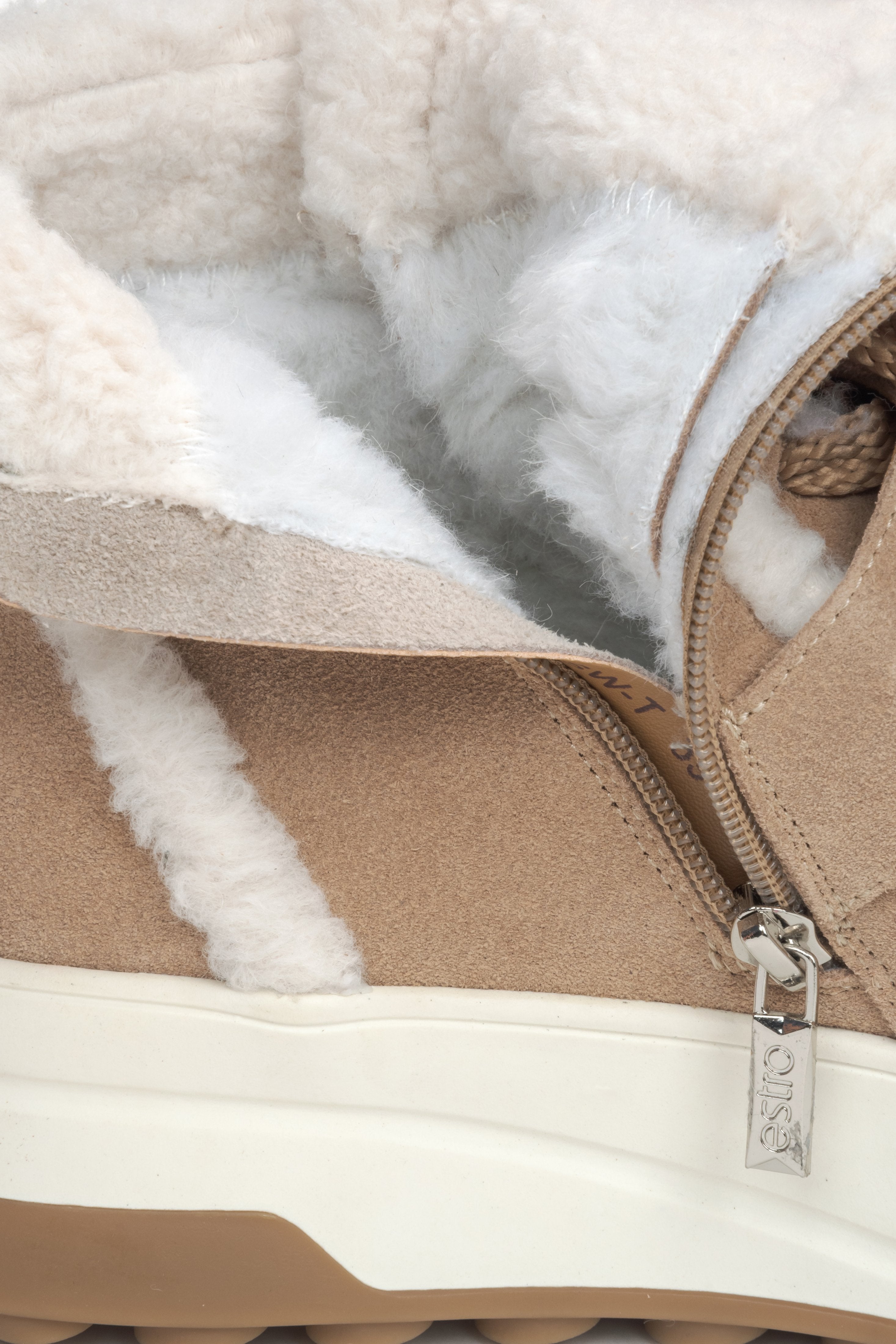 Winter Women's Beige Velour Ankle Boots with Soft Wool Lining by Estro - a close-up on the warm padding.