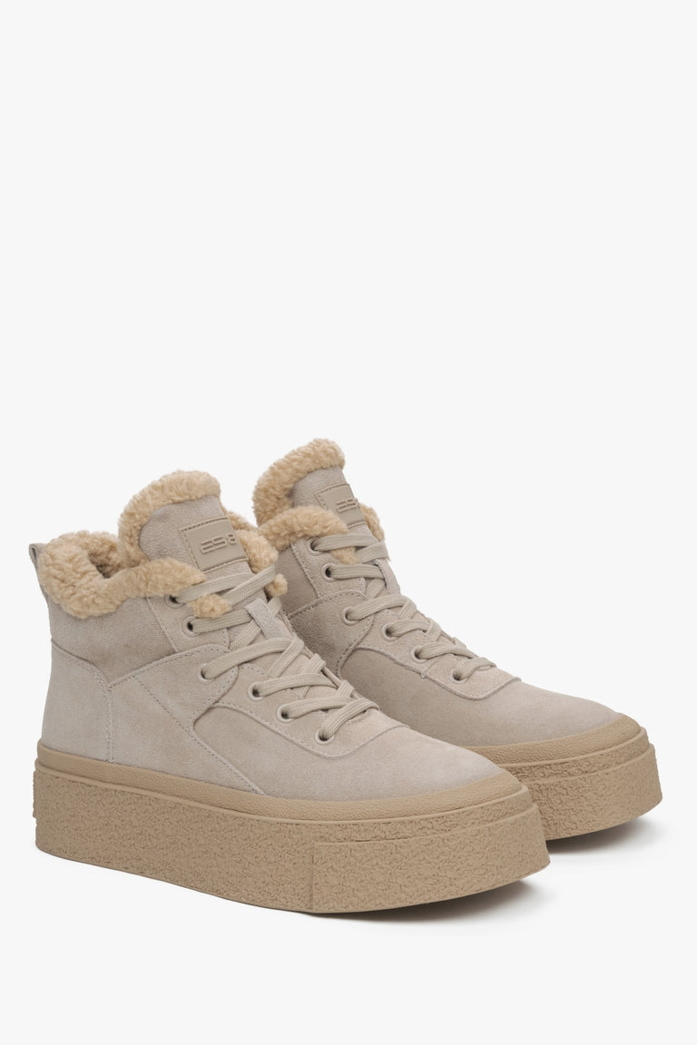 Beige Women's Wool-Lined High-Top Sneakers with Velour for Winter.